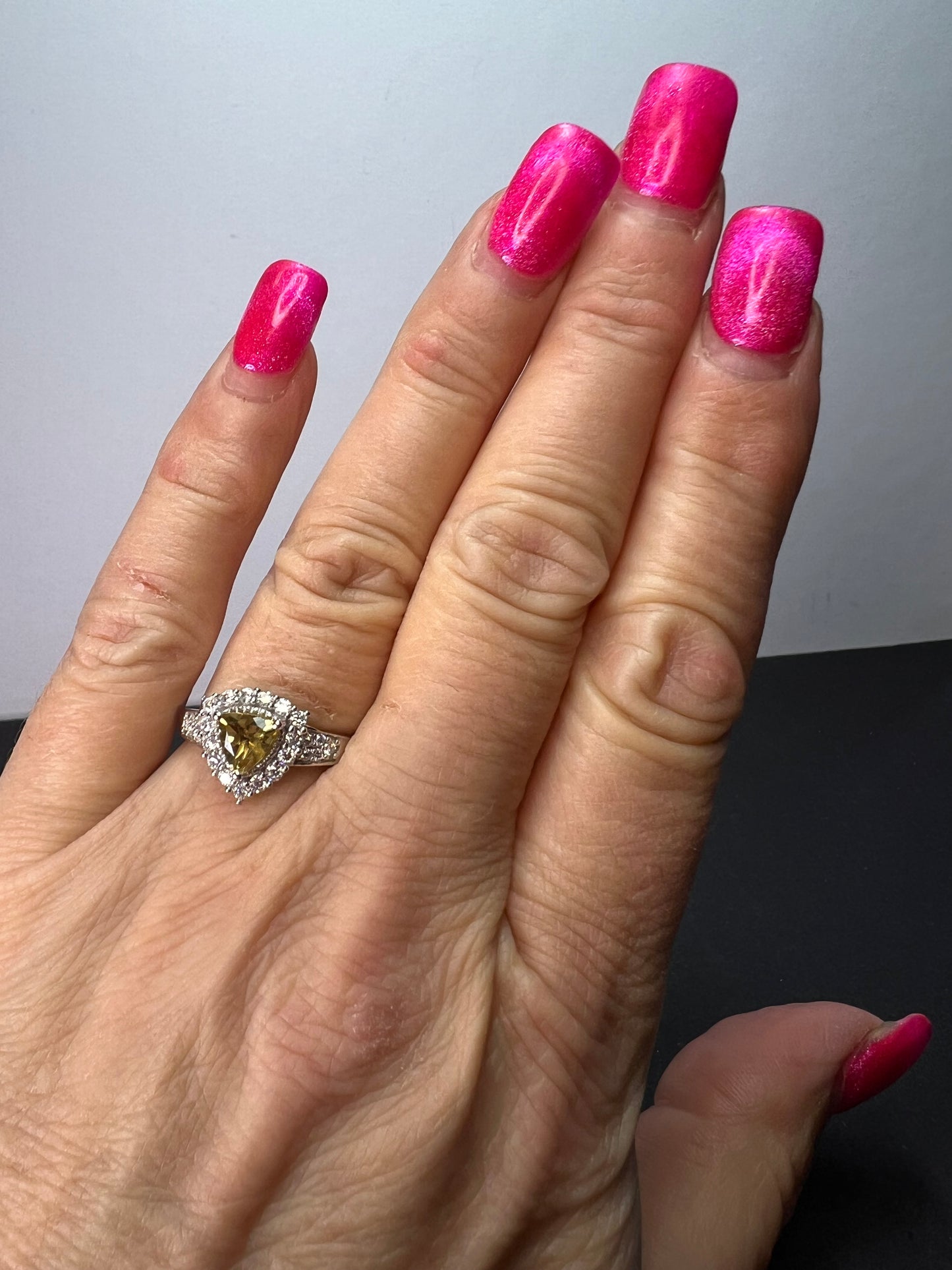 NEW yellow beryl and moissanite halo ring in platinum over sterling silver-size 7