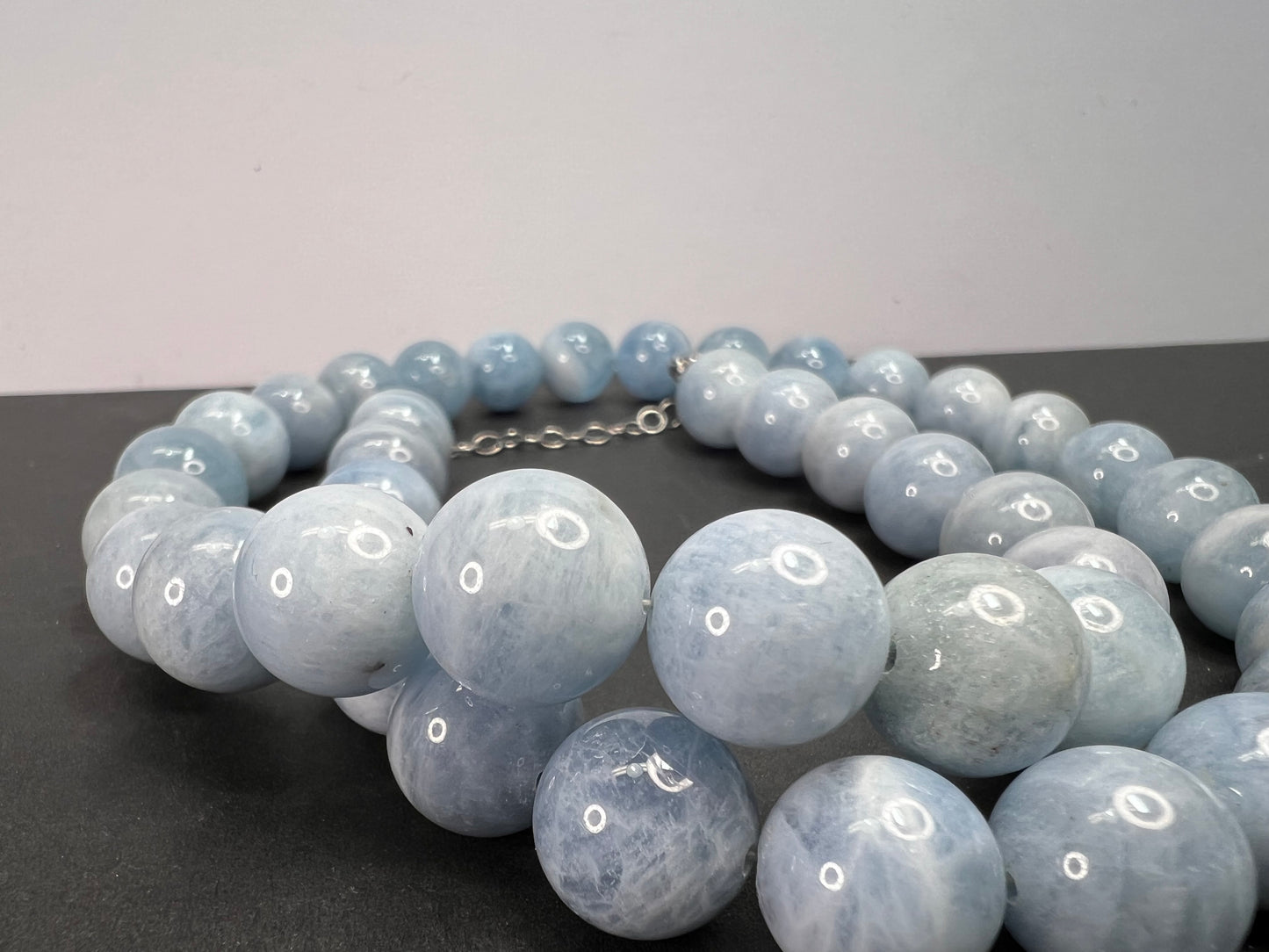 Aquamarine 11mm beaded necklace with sterling silver clasp