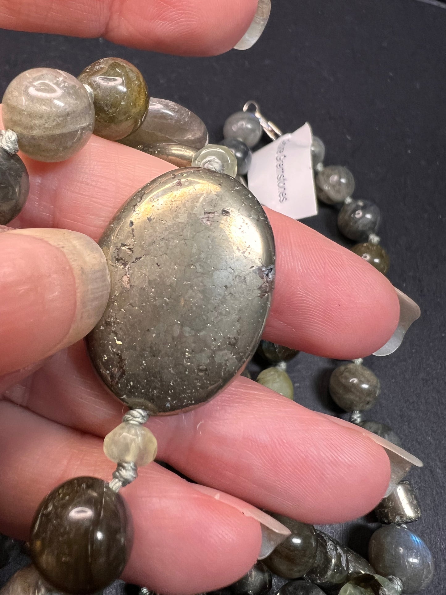 NEW pyrite and labradorite 32 inch necklace with sterling silver clasp