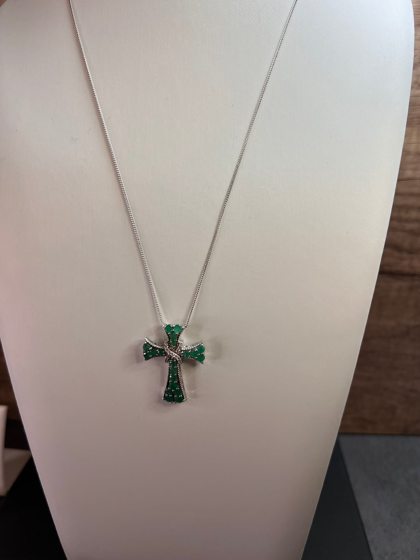 Emerald and zircon sterling silver cross pendant with 20 inch chain