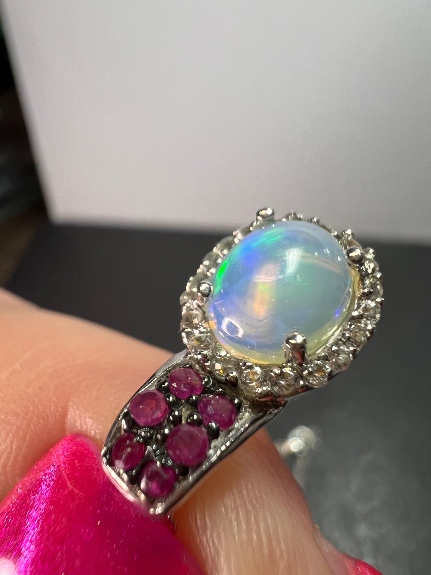 Ethiopian opal, ruby and zircon pendant and chain in platinum over sterling silver *NEW*