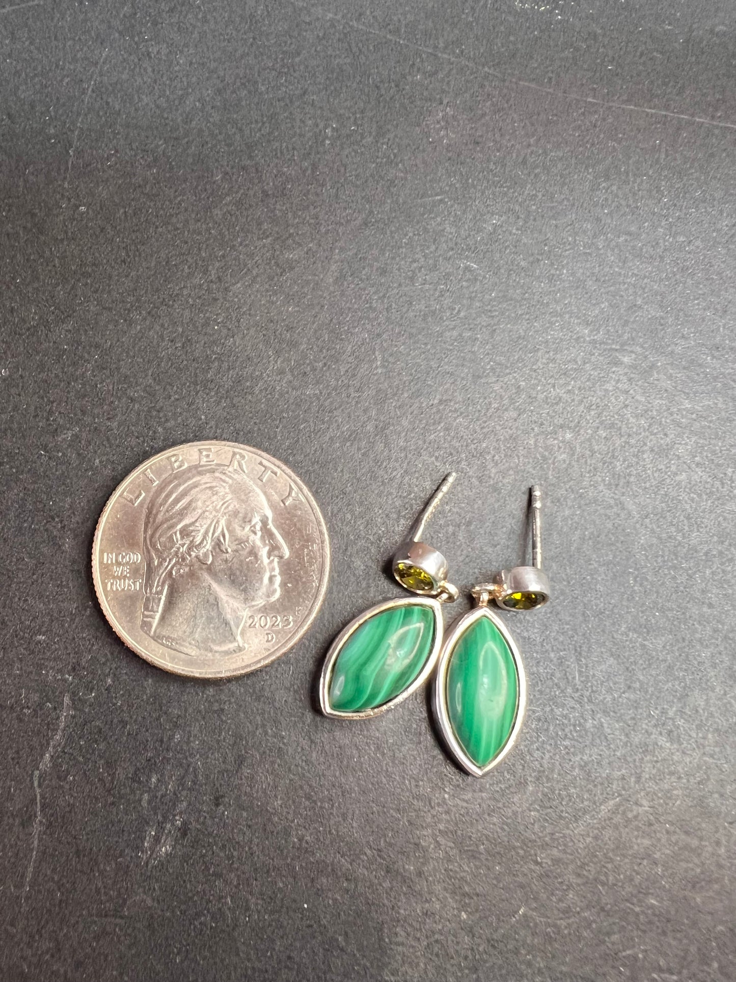 Malachite and olive CZ sterling silver marquise drop earrings