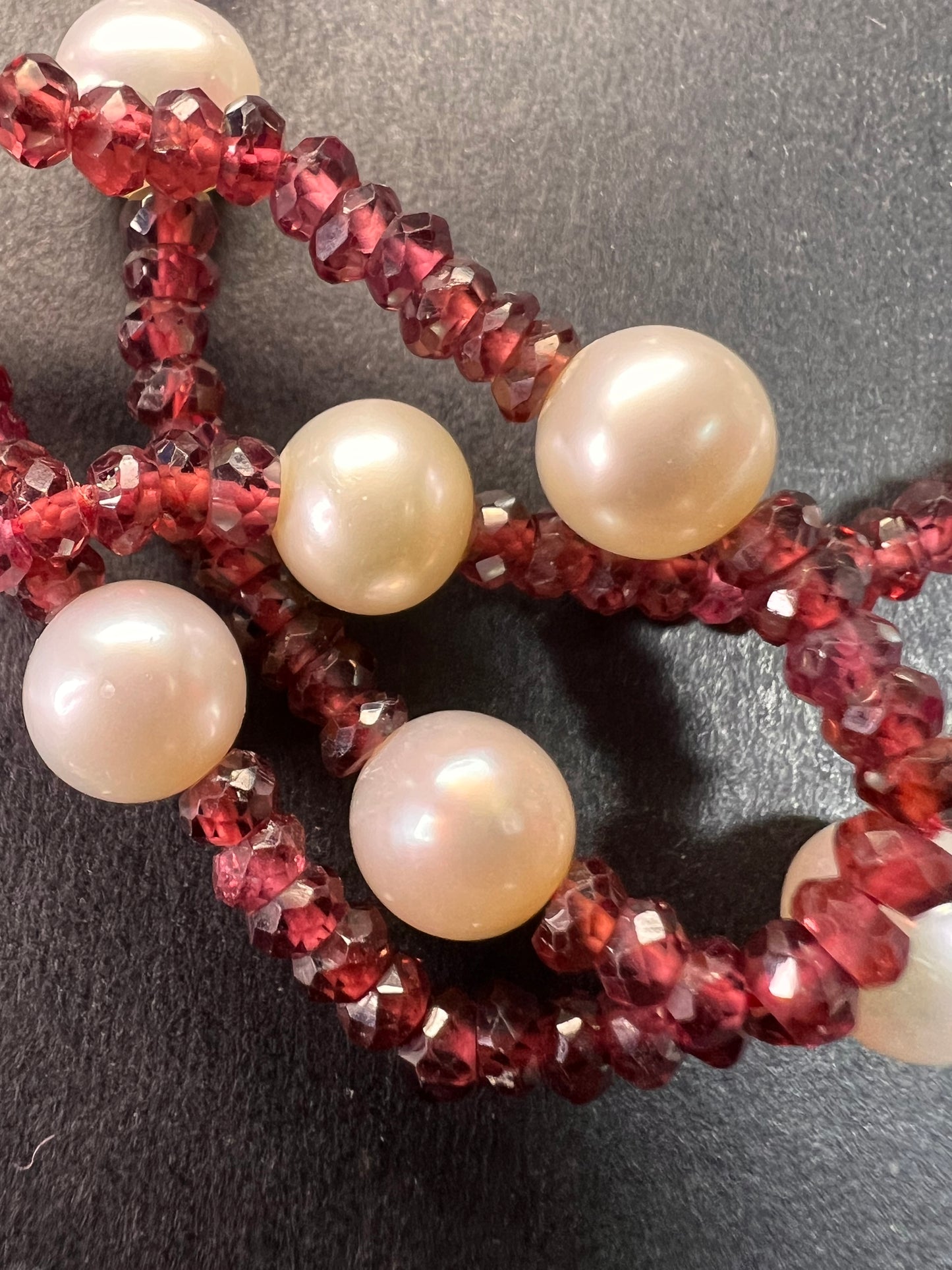 14k gold clasp garnet and pearl station necklace 18 inches