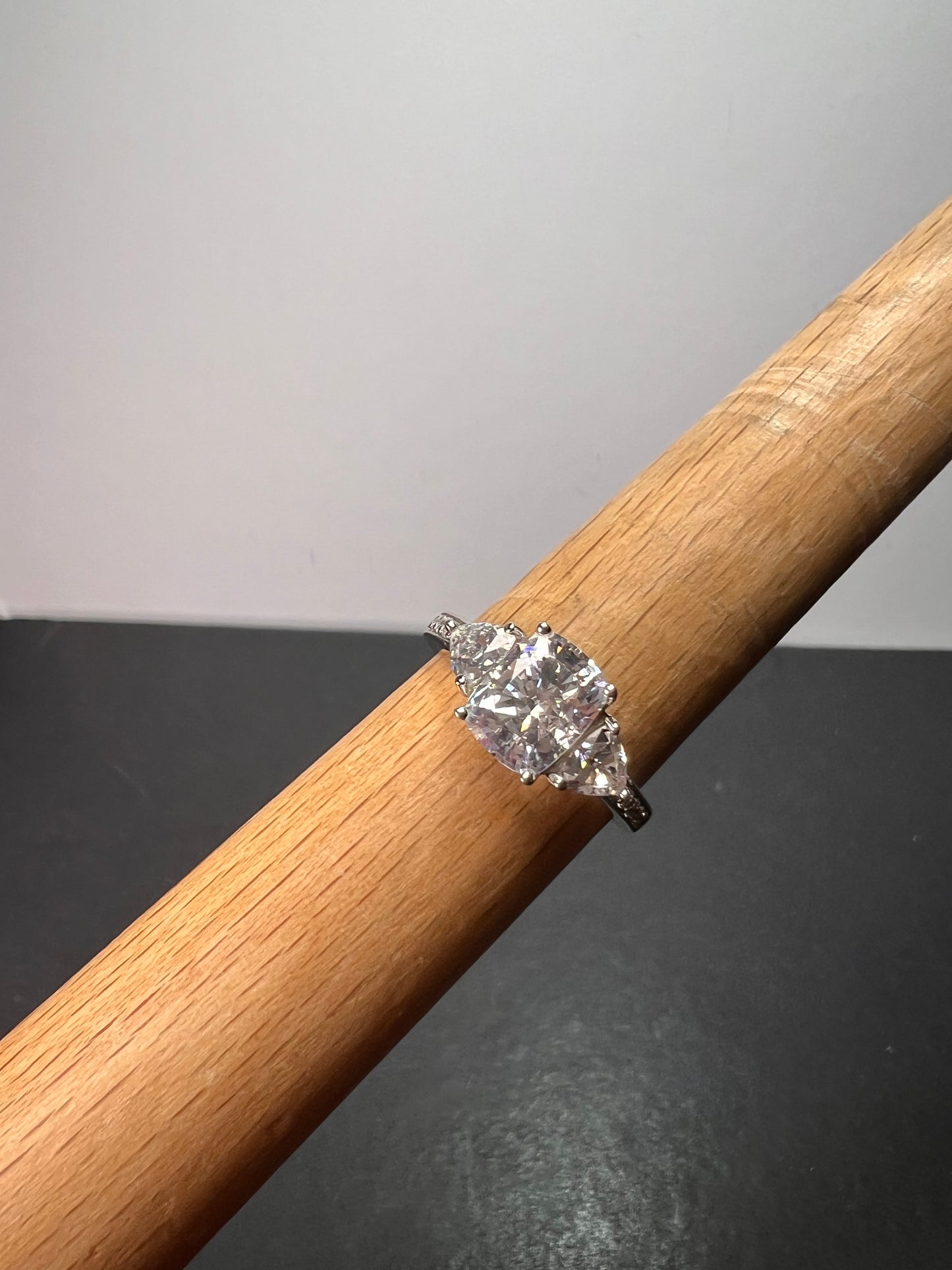 White cushion cut cubic zirconia platinum over sterling silver ring size 9