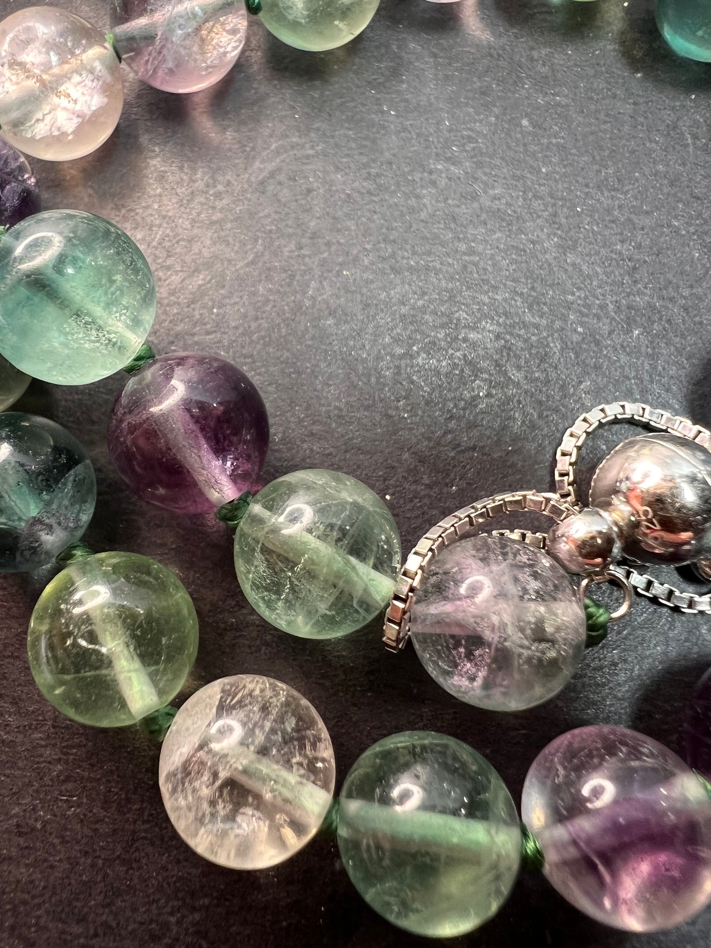 NEW Fluorite knotted beaded bolo necklace with sterling silver magnetic clasp