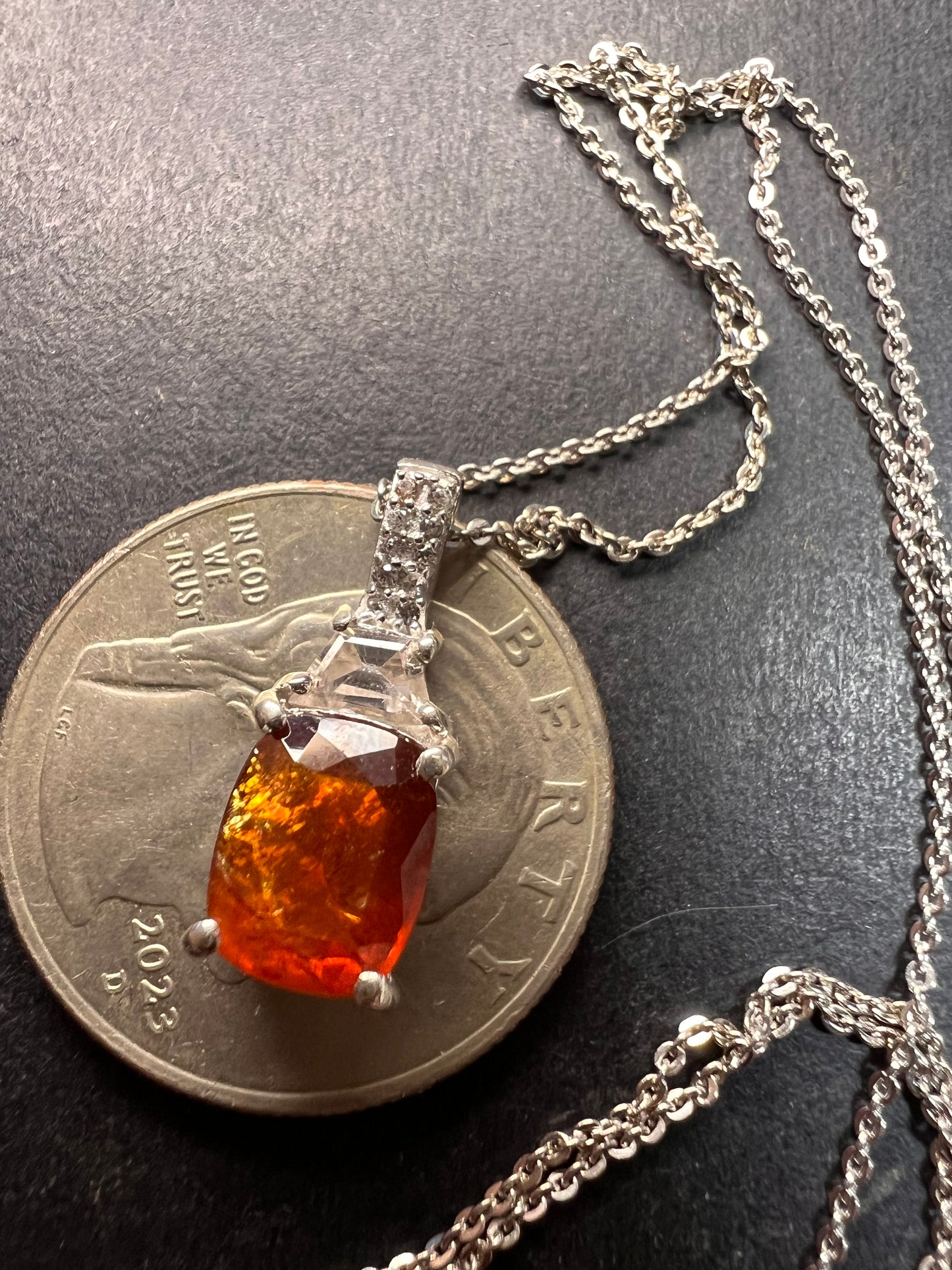 NEW tangerine kyanite and zircon pendant and chain in rhodium over sterling silver