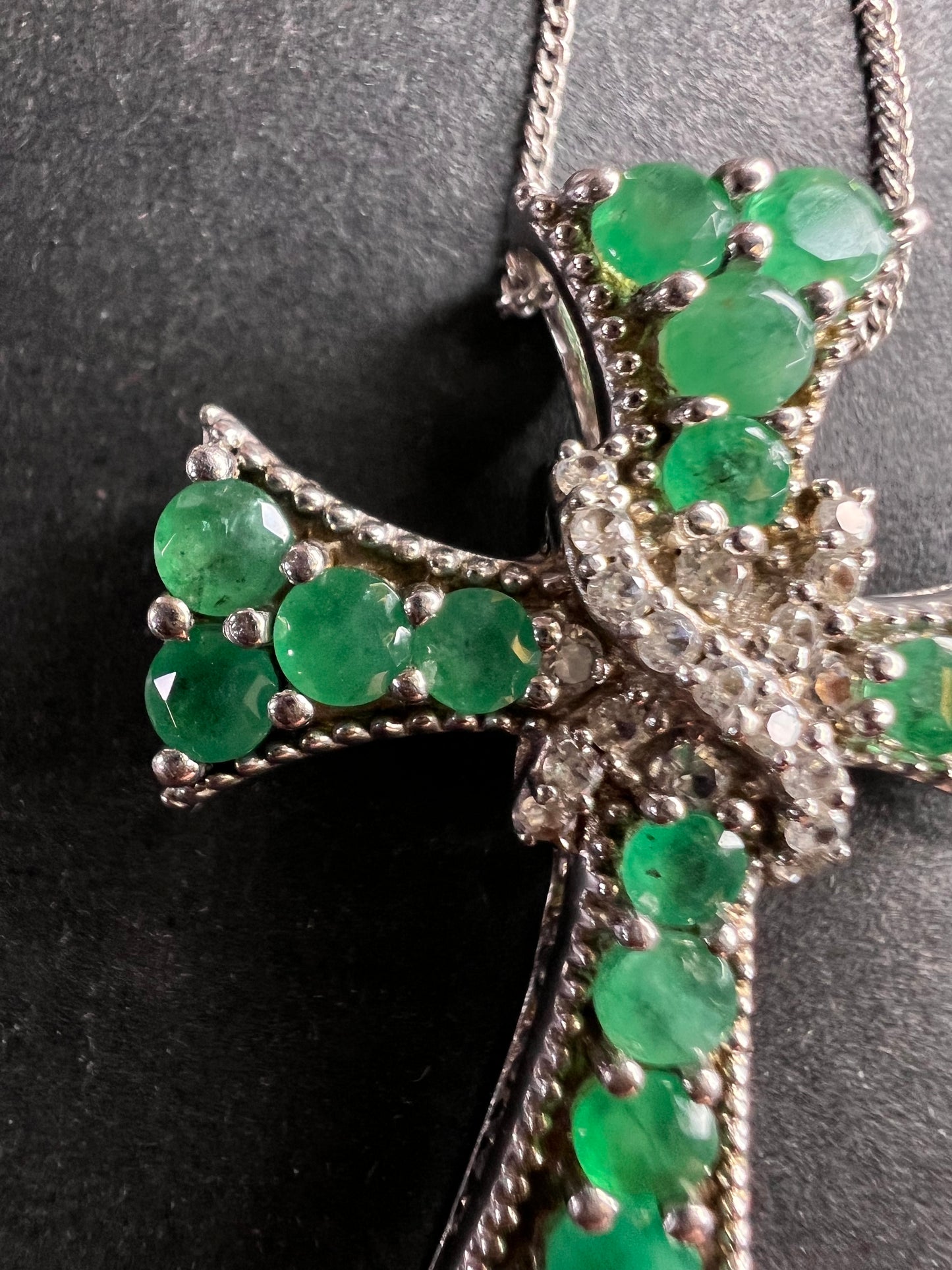 Emerald and zircon sterling silver cross pendant with 20 inch chain