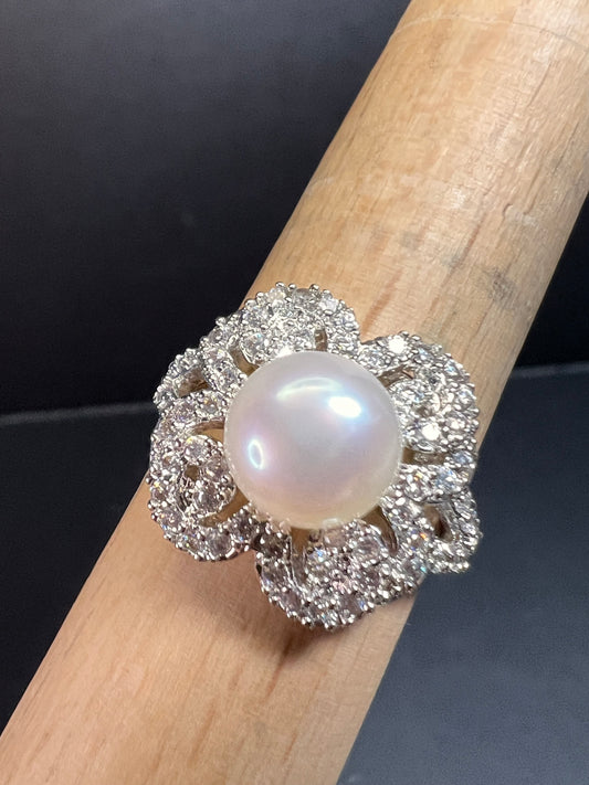Freshwater pearl and Cz cocktail ring size 9