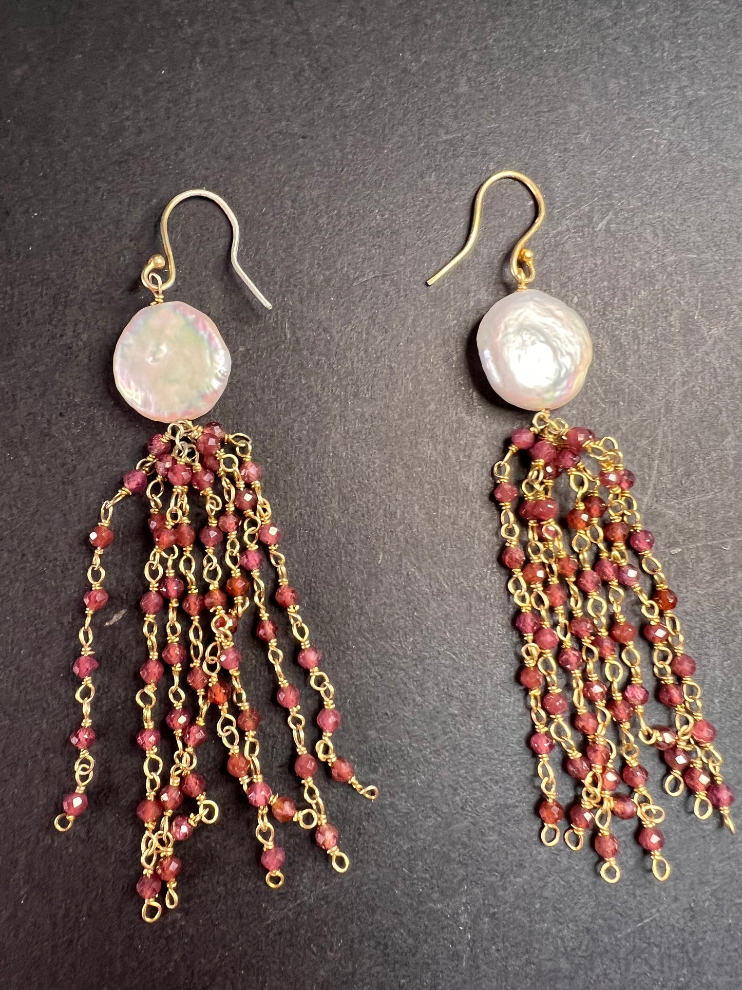 Freshwater pearl and garnet chandelier sterling silver earrings