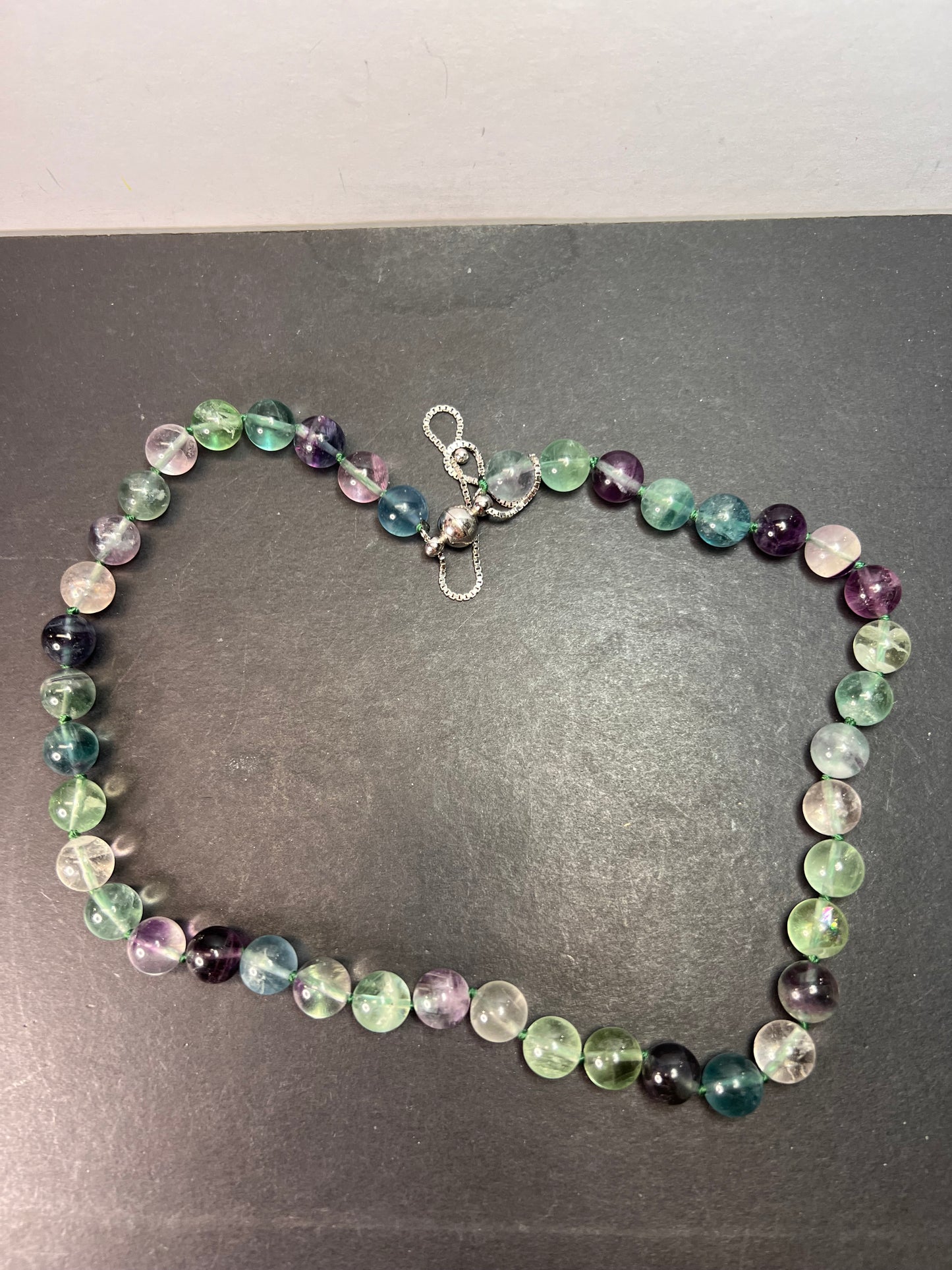 NEW Fluorite knotted beaded bolo necklace with sterling silver magnetic clasp