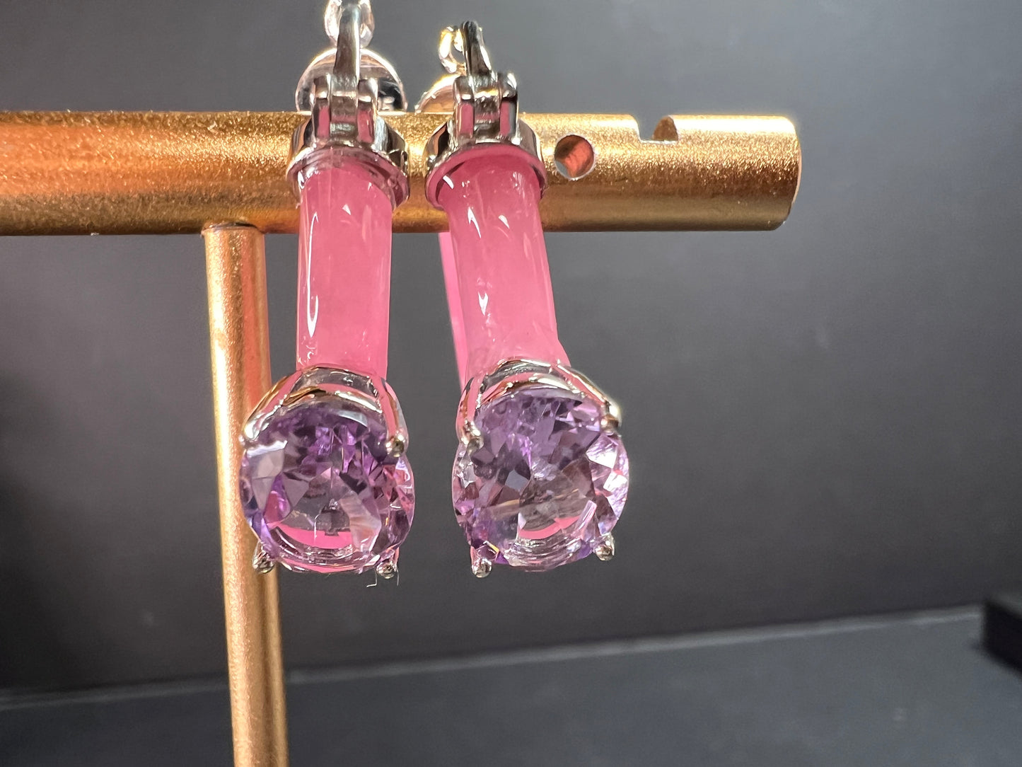 NEW Pink Jade and rose de France amethyst hoop earrings in rhodium over sterling silver