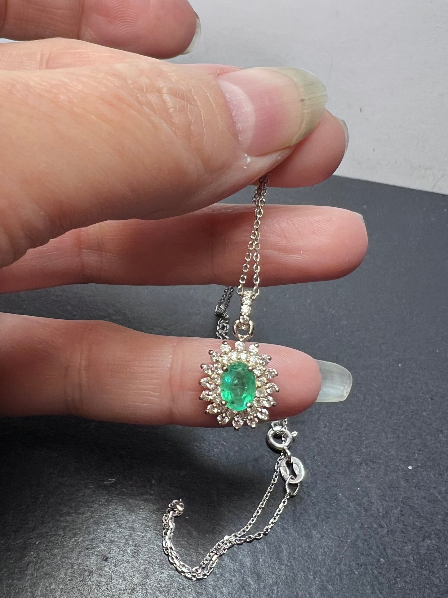 Zambian Emerald and White Zircon Sunburst Pendant Necklace 18 Inches in Platinum Over Sterling Silver 1.50 ctw