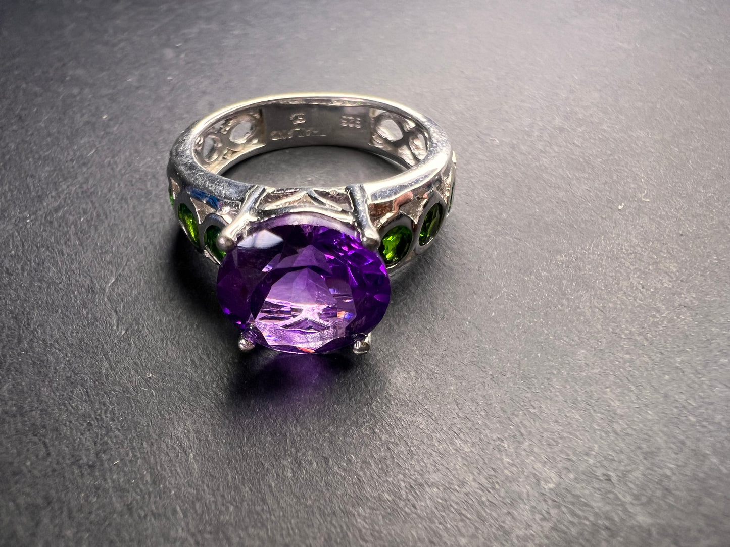 Vintage amethyst and chrome diopside ring in sterling silver size 7