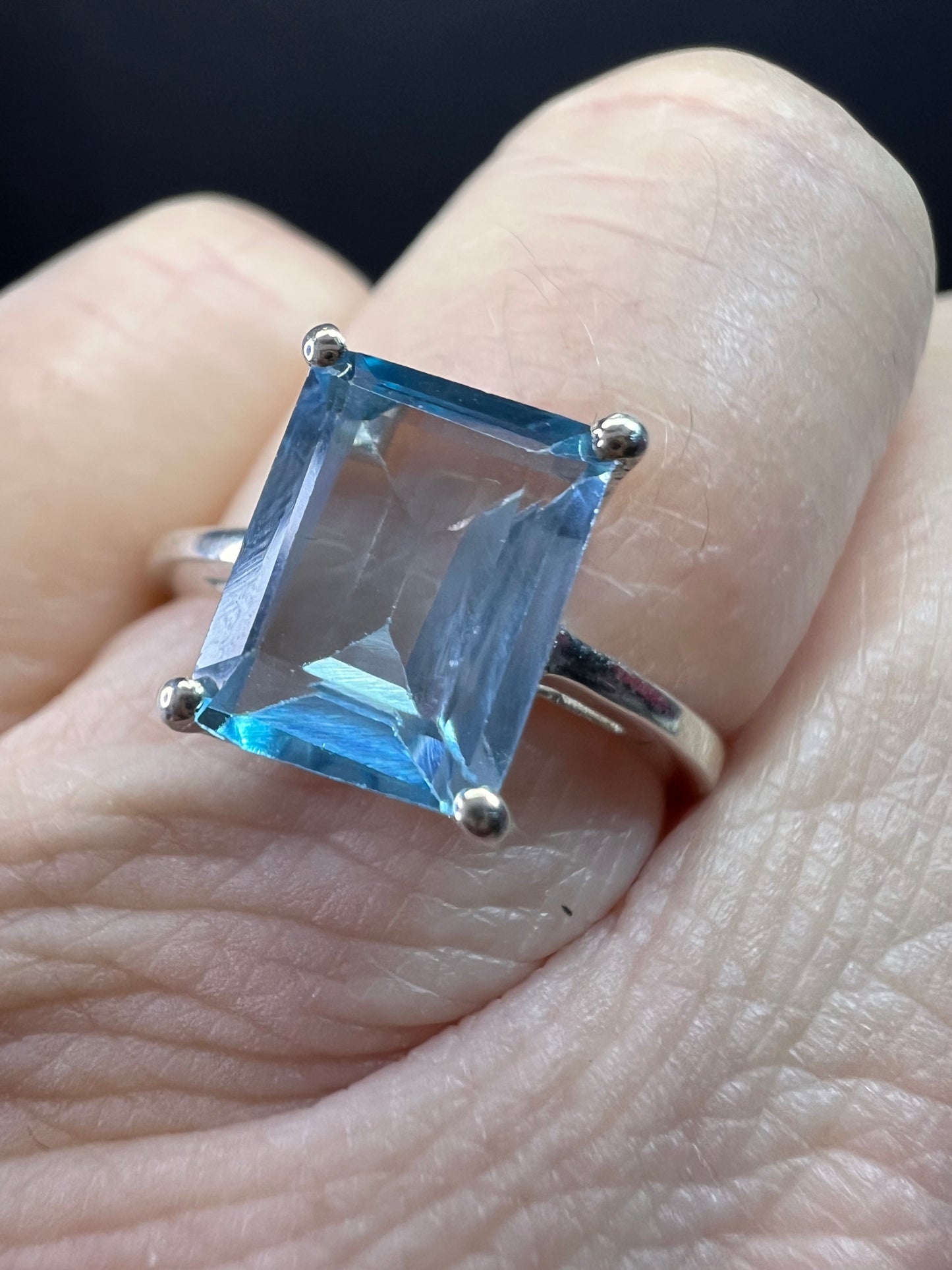 Blue topaz emerald cut sterling silver ring size 7