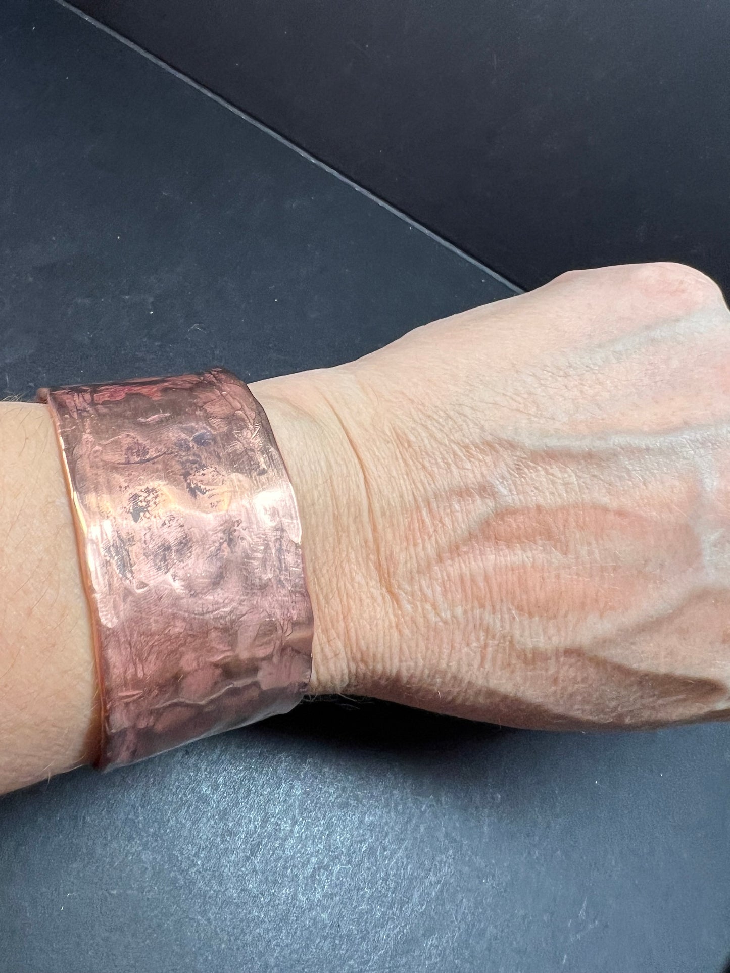 Vintage hammered copper extra wide cuff adjustable bracelet