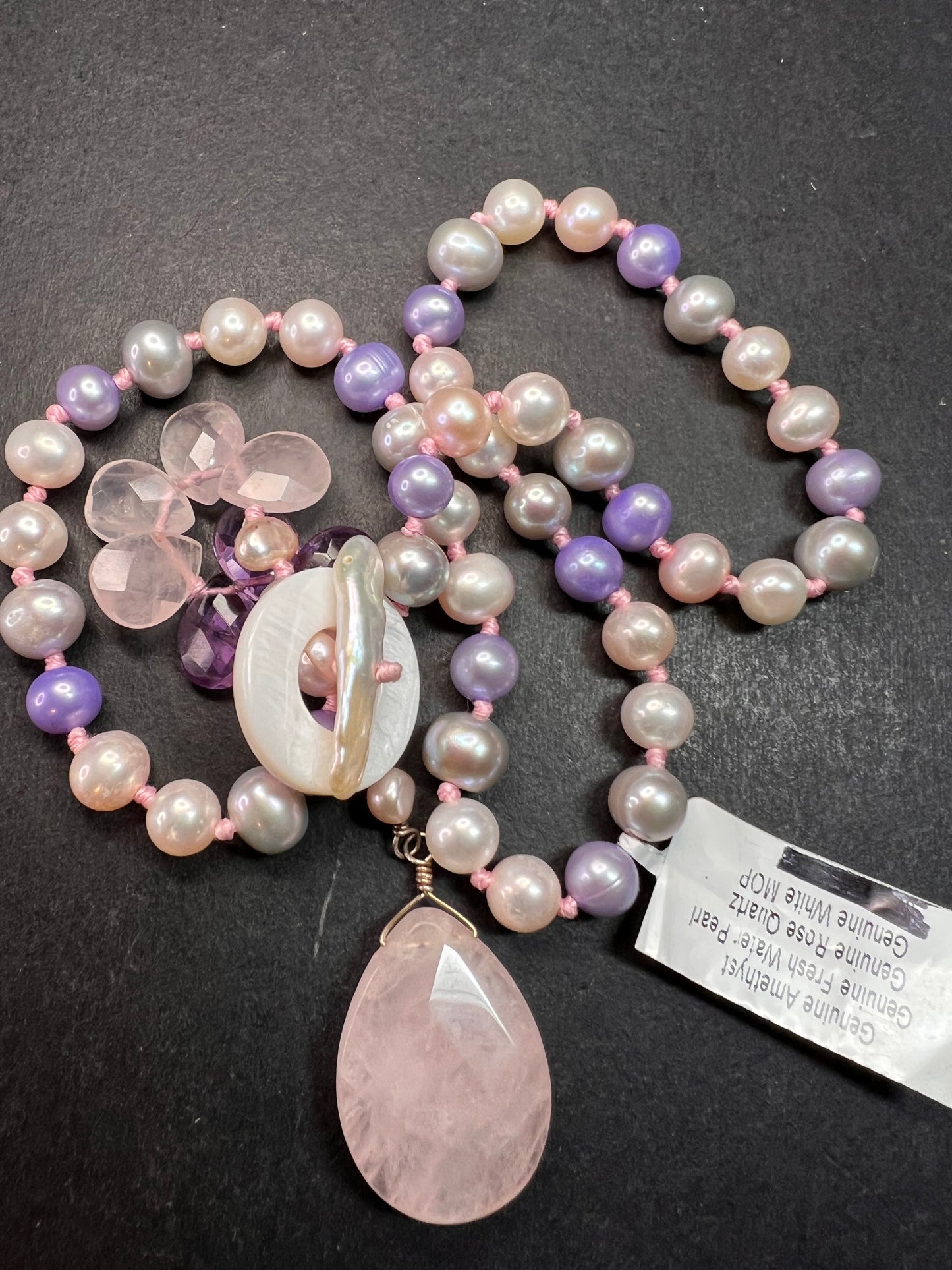 NEW multi color freshwater pearl, rose quartz and amethyst necklace