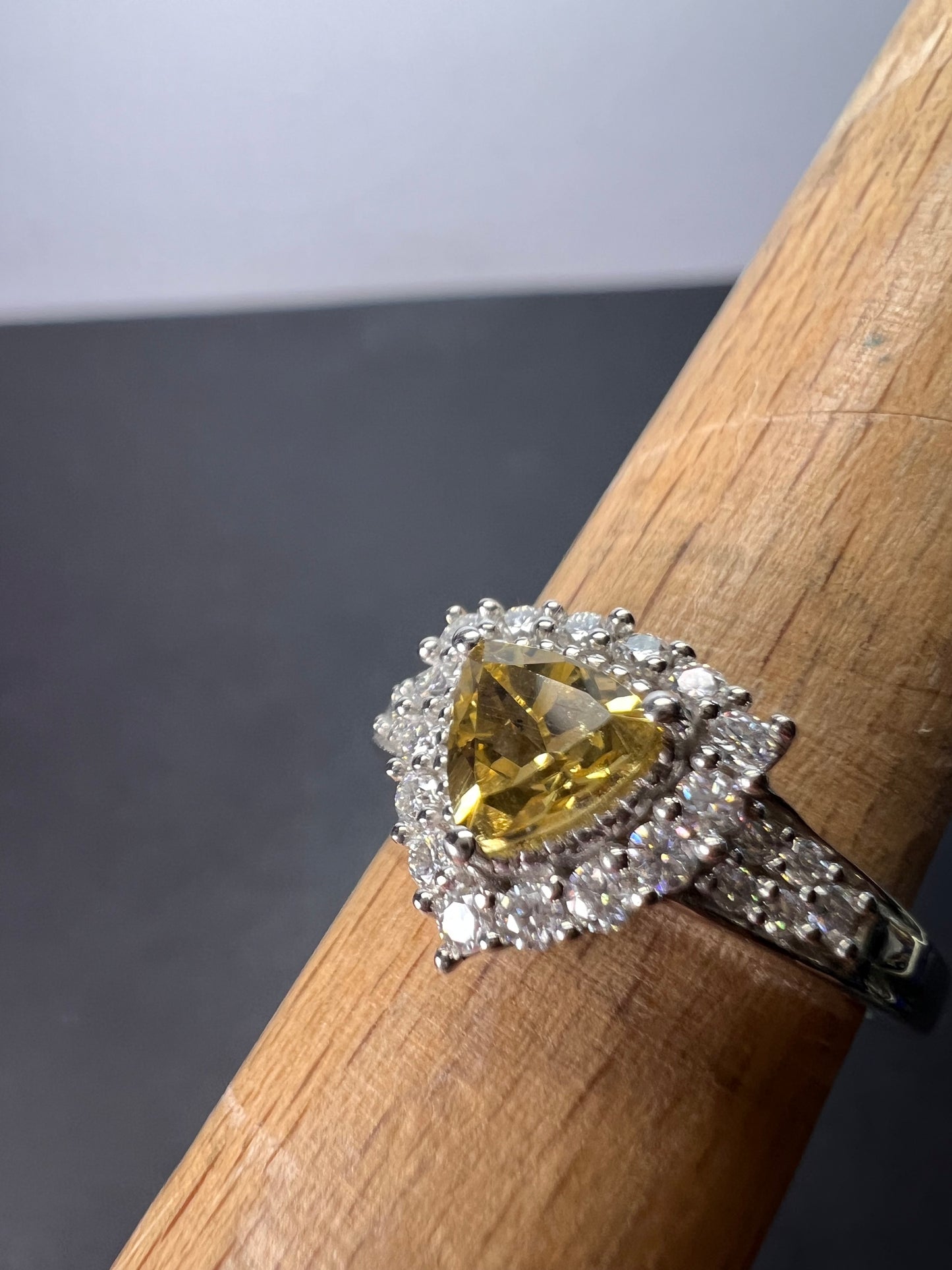 NEW yellow beryl and moissanite halo ring in platinum over sterling silver-size 7