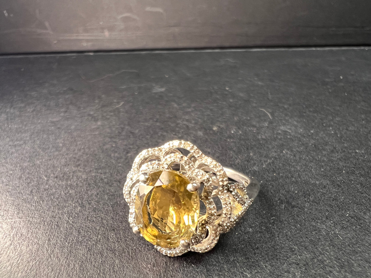 Citrine & Diamond Sterling Silver Scalloped Halo Ring Size 9