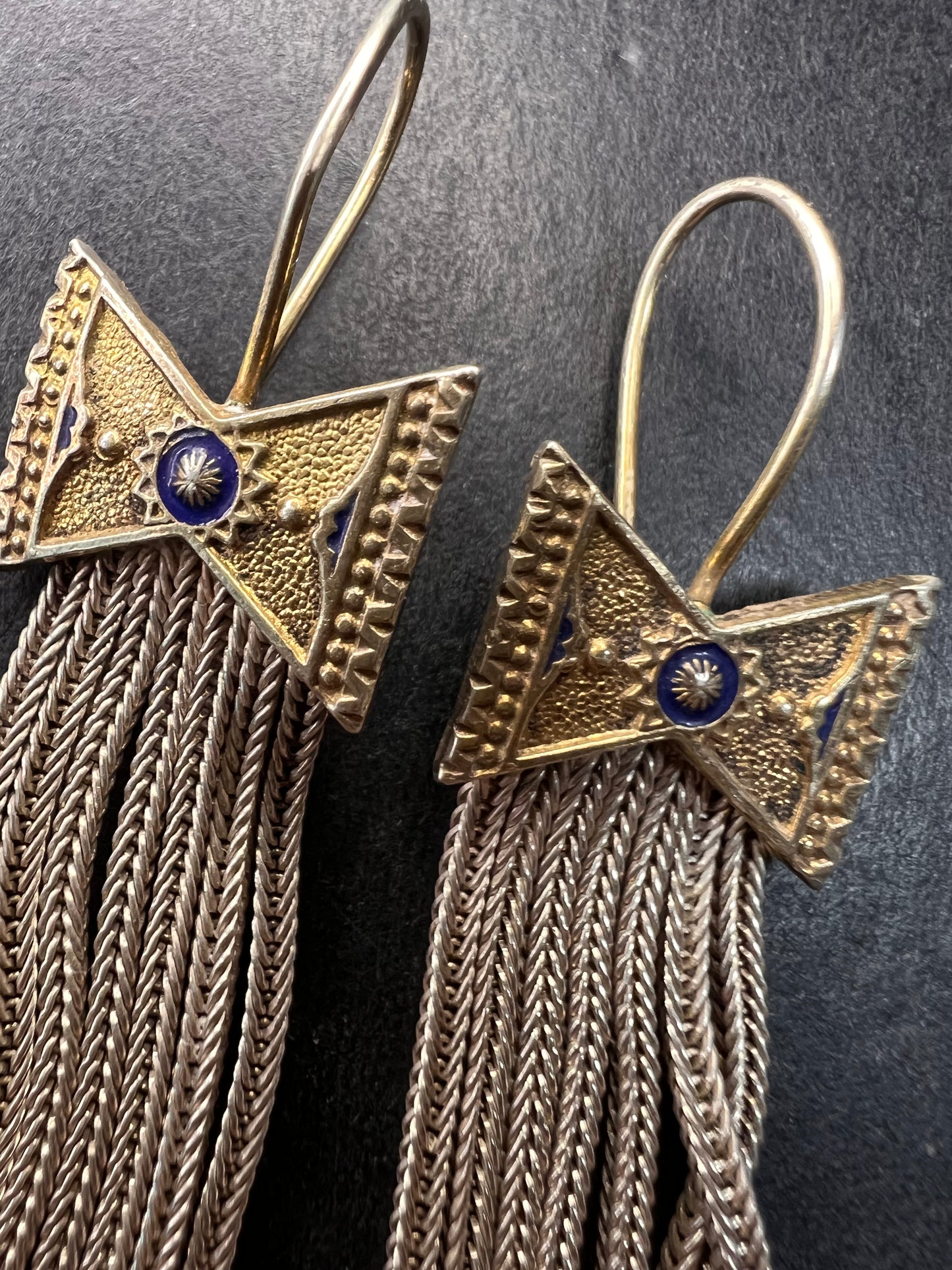 Vintage Turkish sterling silver foxtail fringe enamel bow earrings