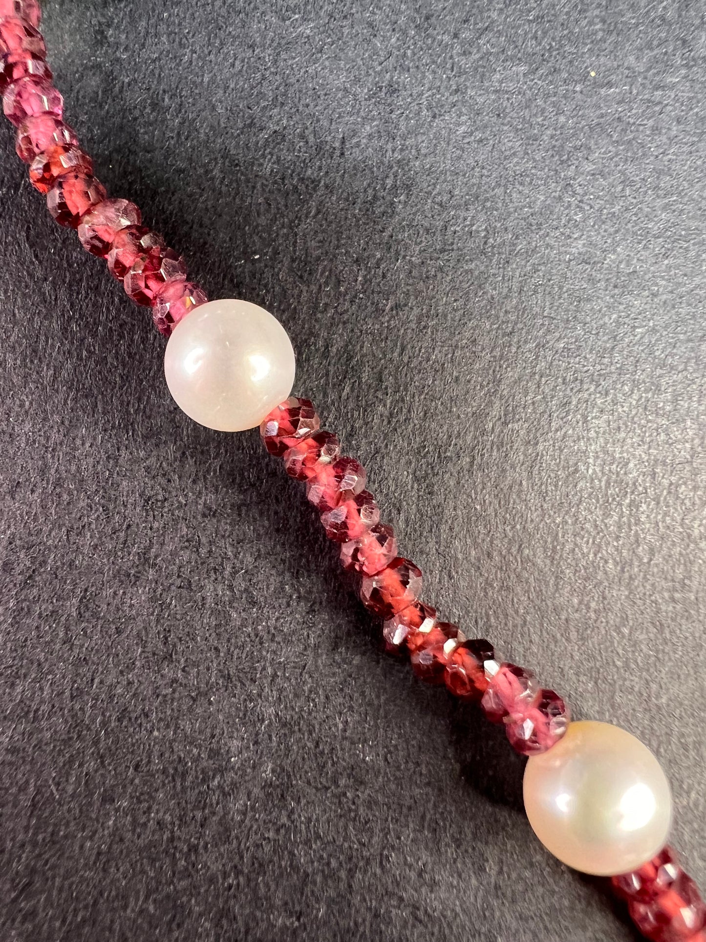 14k gold clasp garnet and pearl station necklace 18 inches