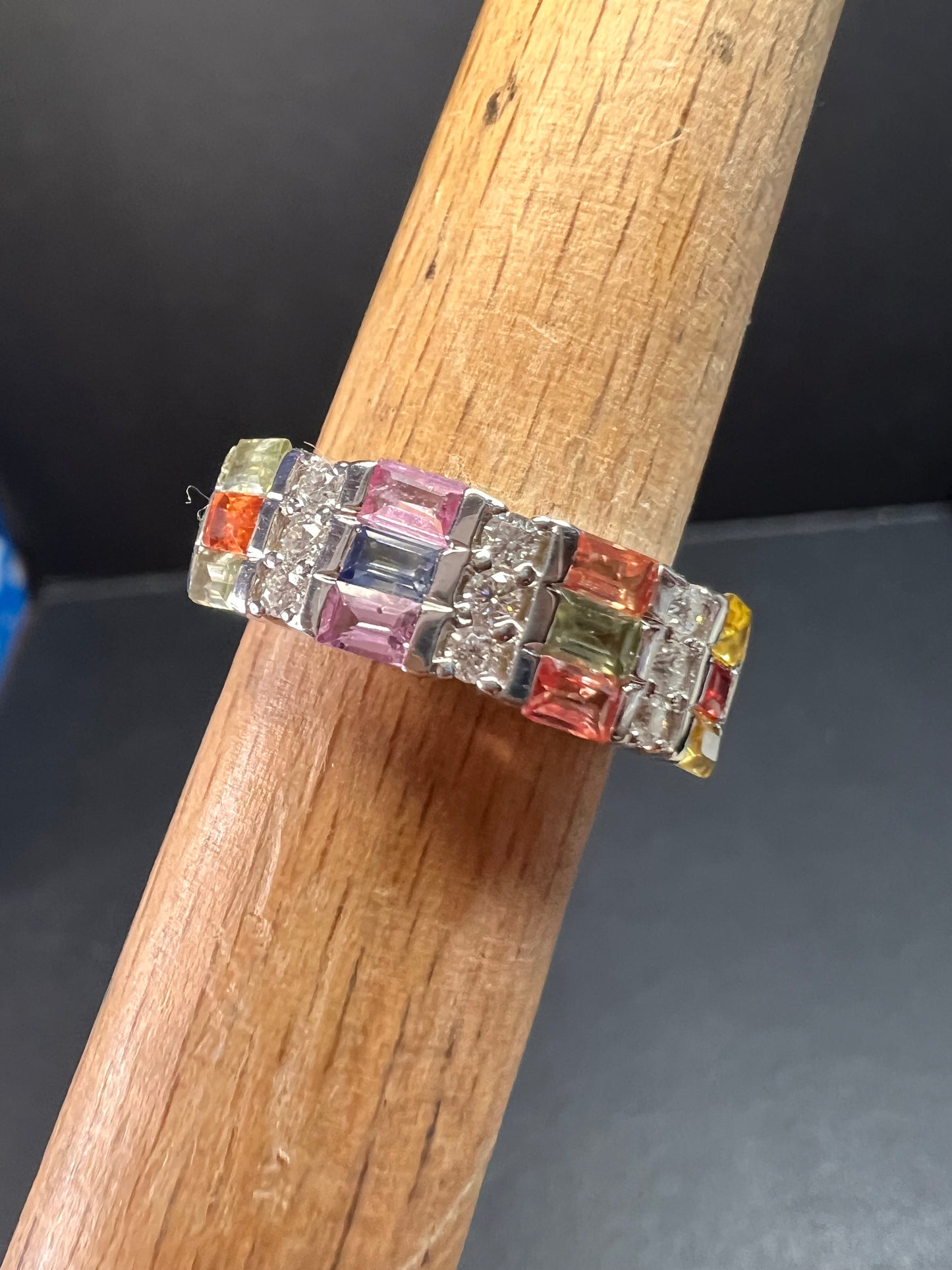 NEW multi sapphire and moissanite art deco style ring in rhodium over sterling silver size 5