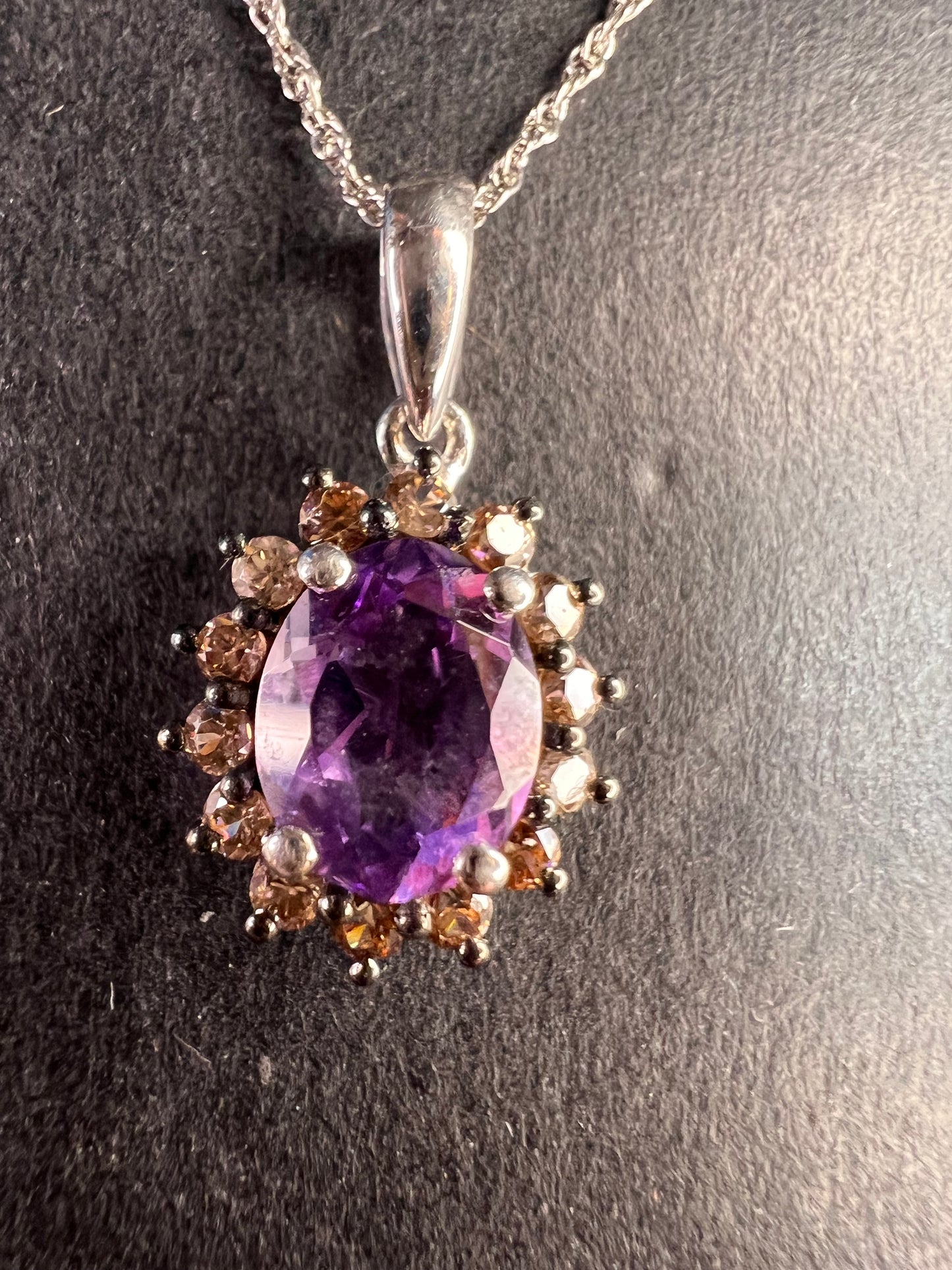 NEW Moroccan rose amethyst and brown zircon halo pendant in sterling silver with vintage chain
