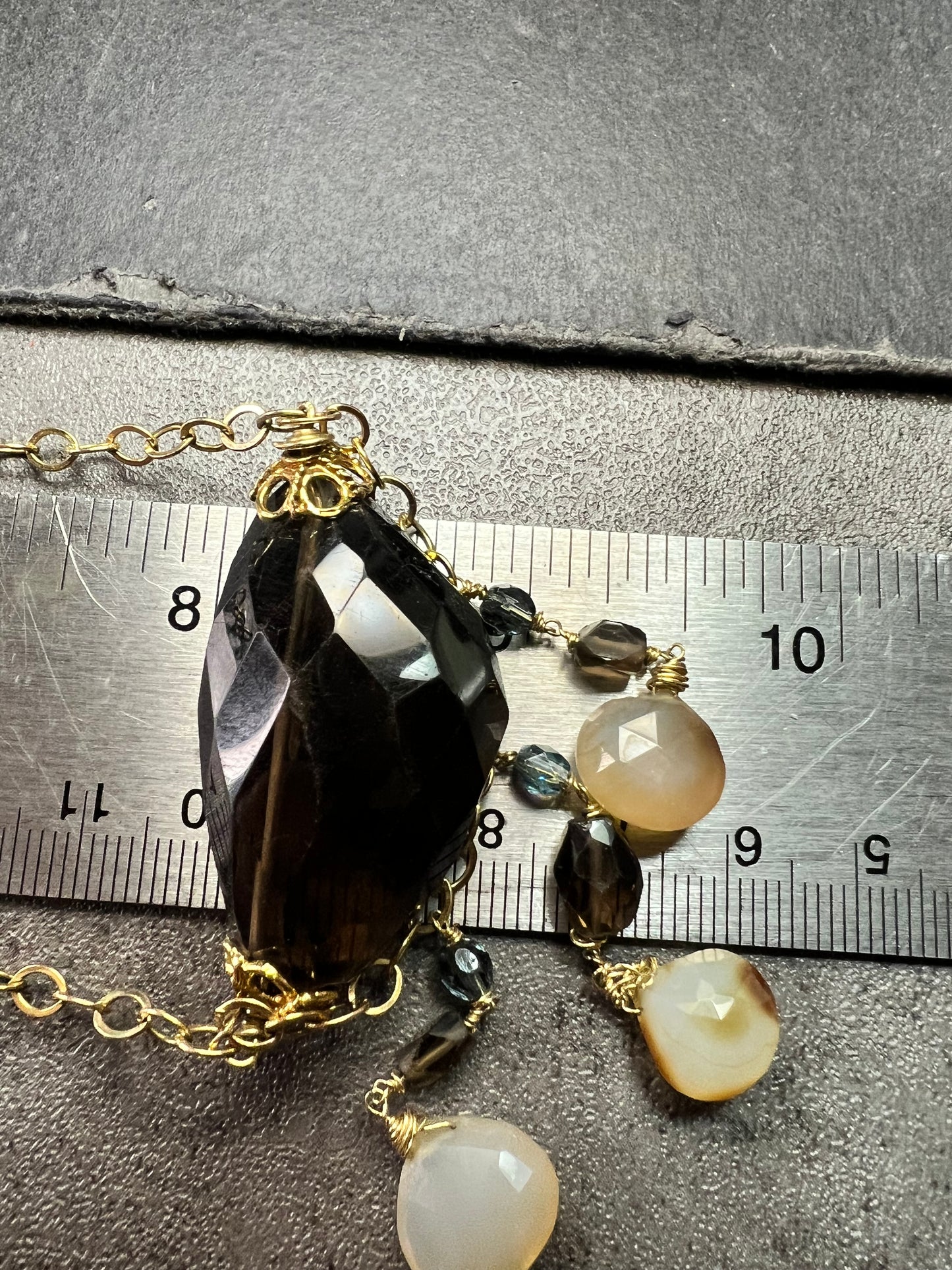 Gold Filled Smoky Quartz & Faceted Agate Drop Necklace 16–18”