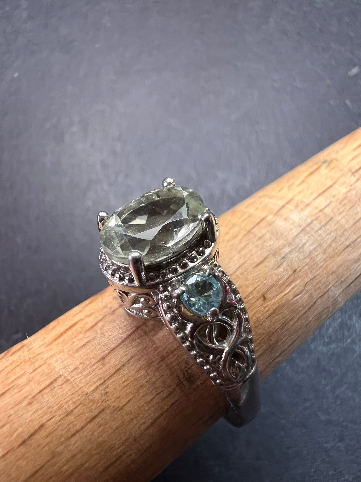 Prasiolite and apatite ring in platinum over copper size 8
