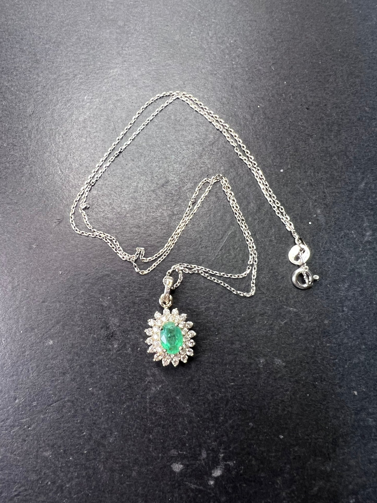 Zambian Emerald and White Zircon Sunburst Pendant Necklace 18 Inches in Platinum Over Sterling Silver 1.50 ctw