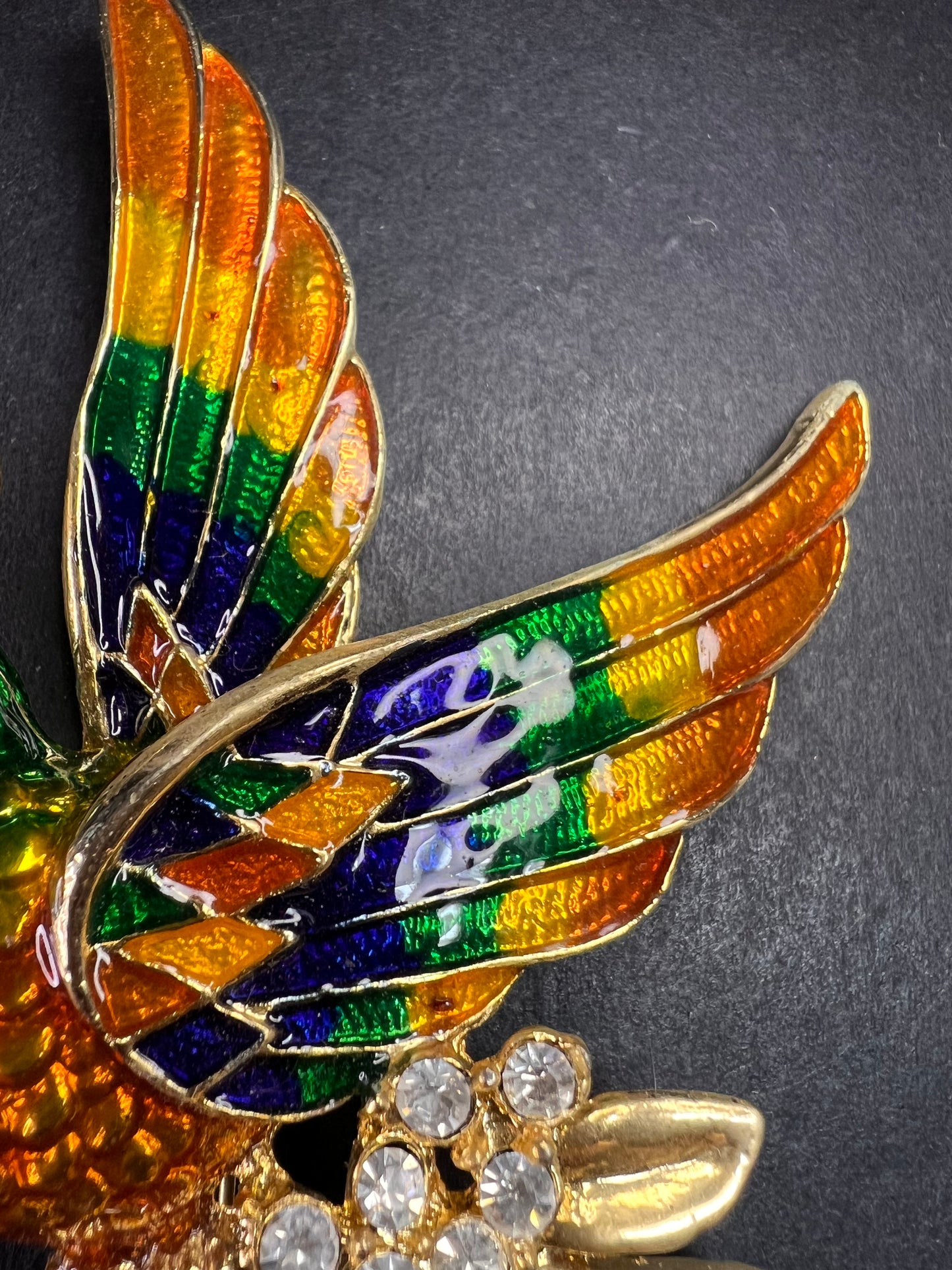 Vintage Enamel Phoenix Bird Rhinestone Statement Brooch Large Gold Tone