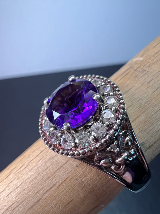 Amethyst and white spinel sterling silver halo ring size 9