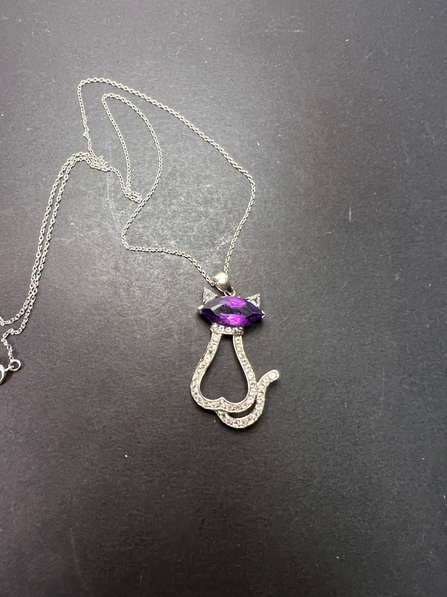 Purple Amethyst white topaz Rhodium Over Silver Cat Pendant Chain