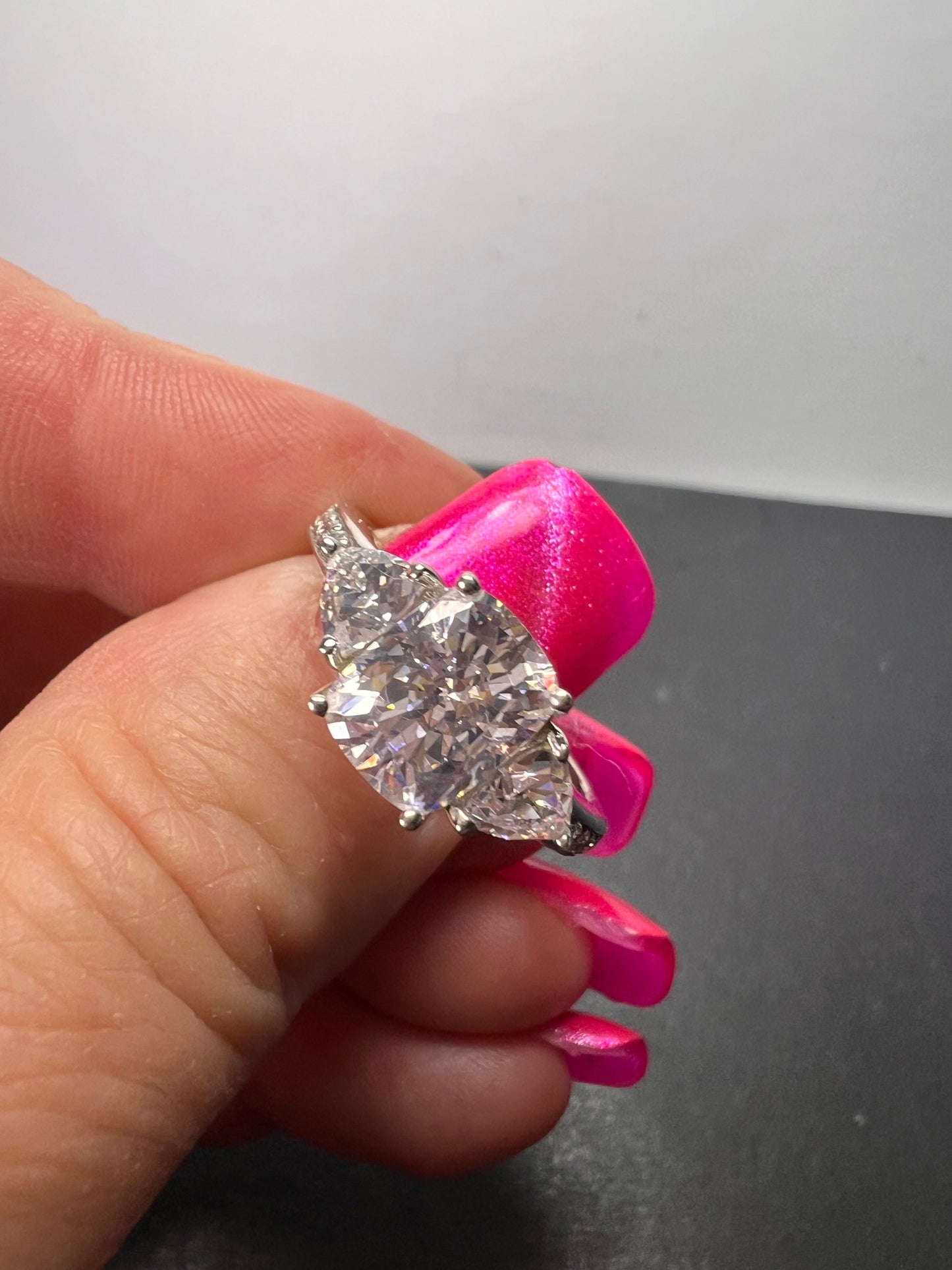 White cushion cut cubic zirconia platinum over sterling silver ring size 9