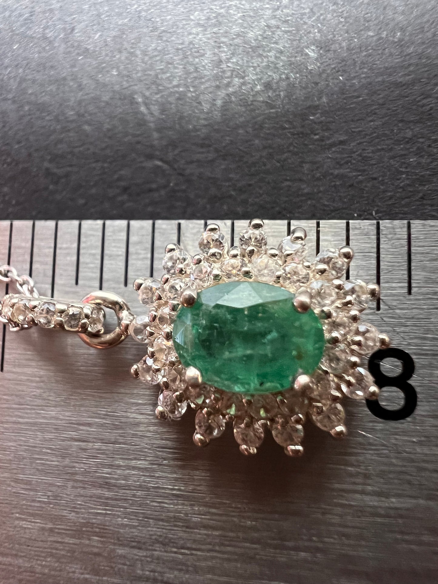 Zambian Emerald and White Zircon Sunburst Pendant Necklace 18 Inches in Platinum Over Sterling Silver 1.50 ctw