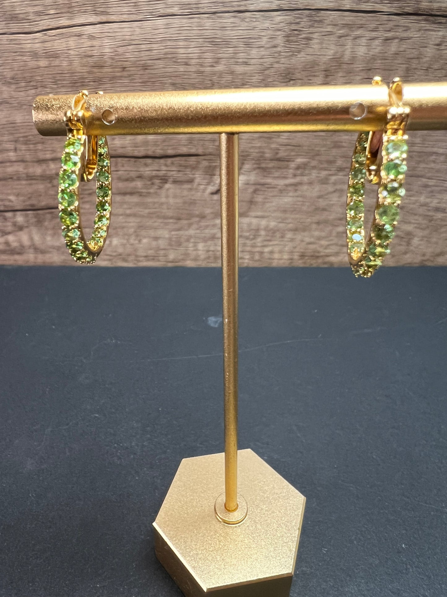 Tsavorite garnet j hoop inside out earrings in yellow gold vermeil over sterling silver