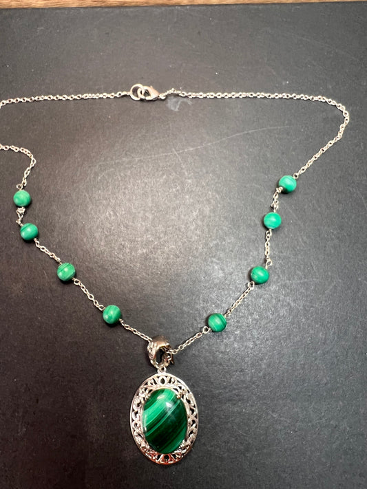 Karis African malachite 18 inch necklace in platinum bond