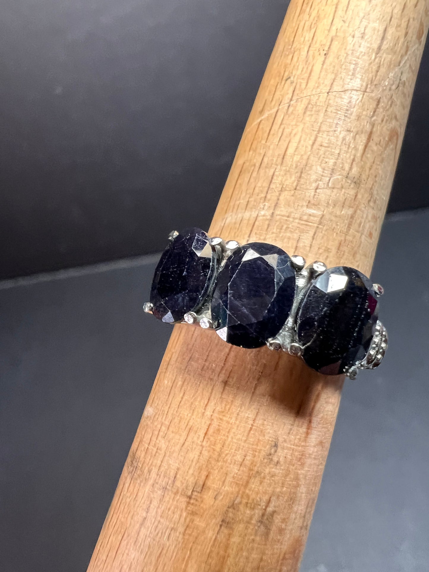 NEW midnight sapphire three stone ring in stainless steel size 7