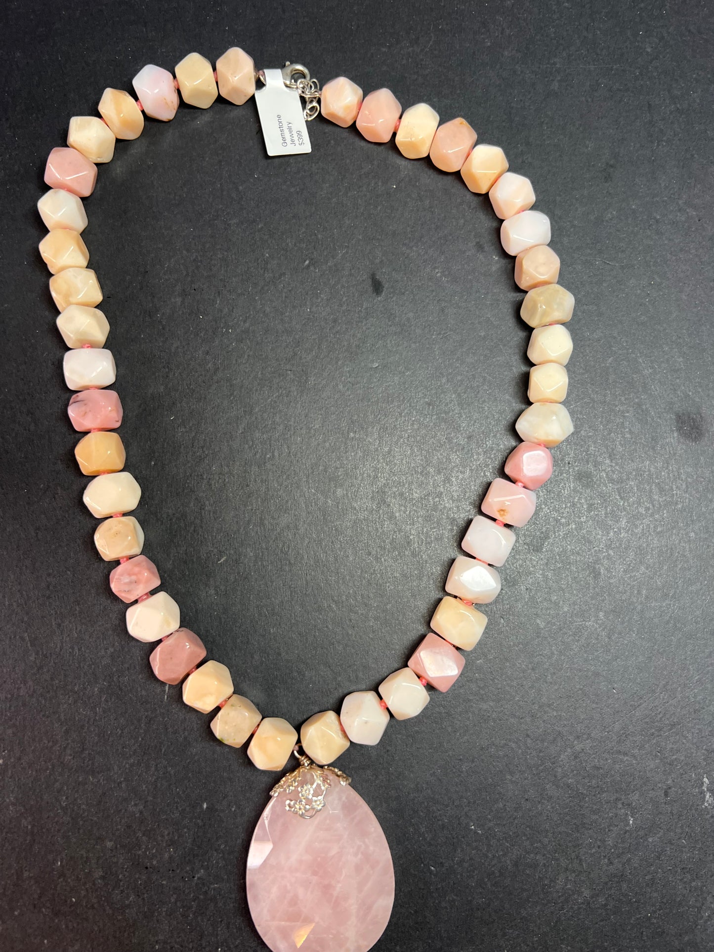 NEW pink opal and rose quartz Sterling silver necklace