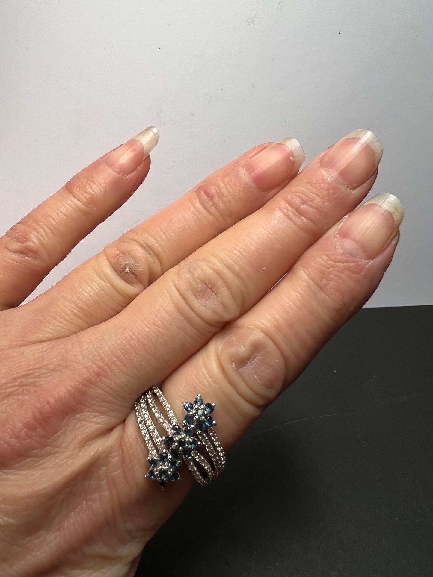 Blue tourmaline and zircon bypass ring in sterling silver size 9