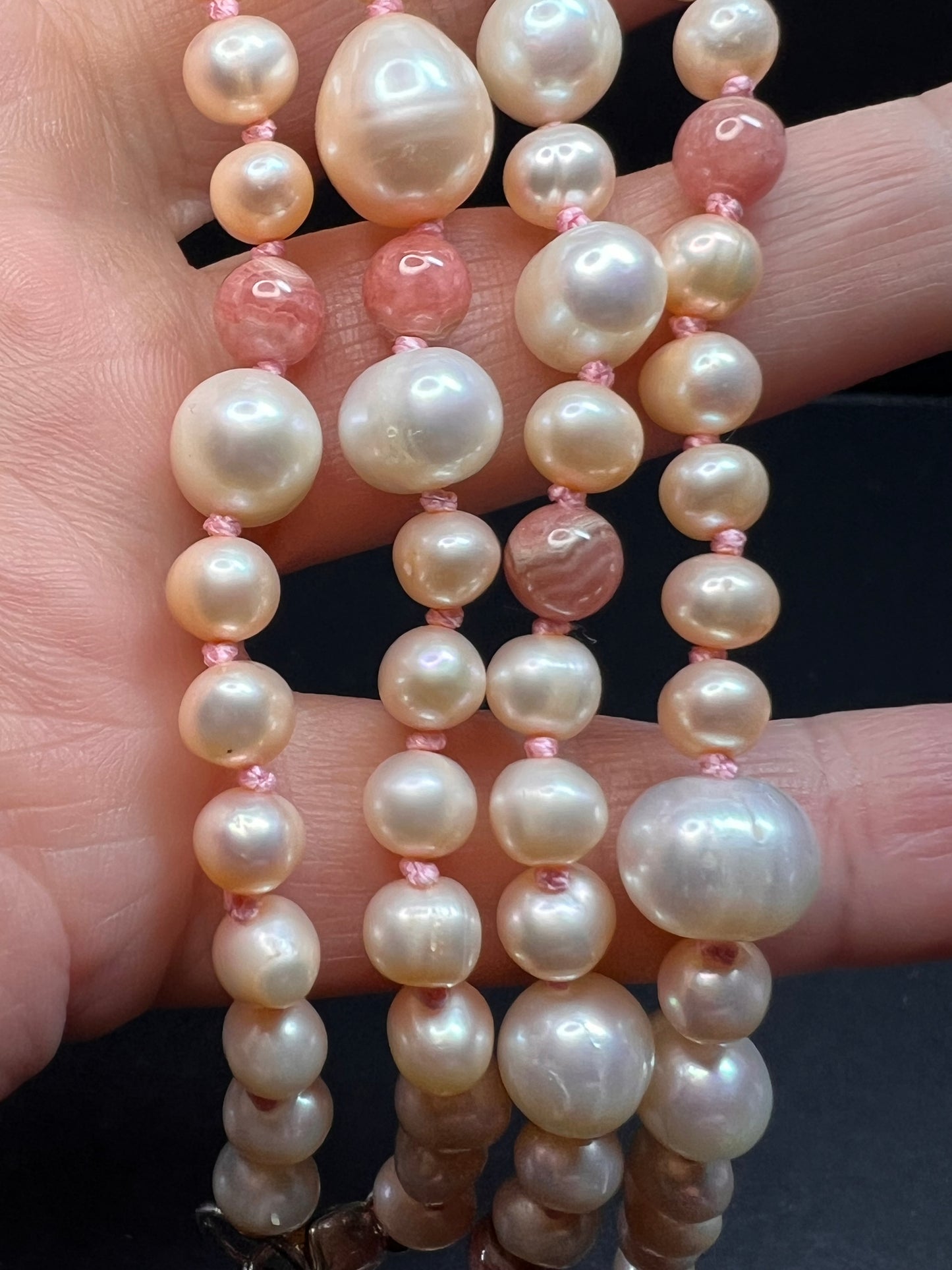 NEW freshwater pearl, rhodochrosite and morganite necklace with sterling silver clasp