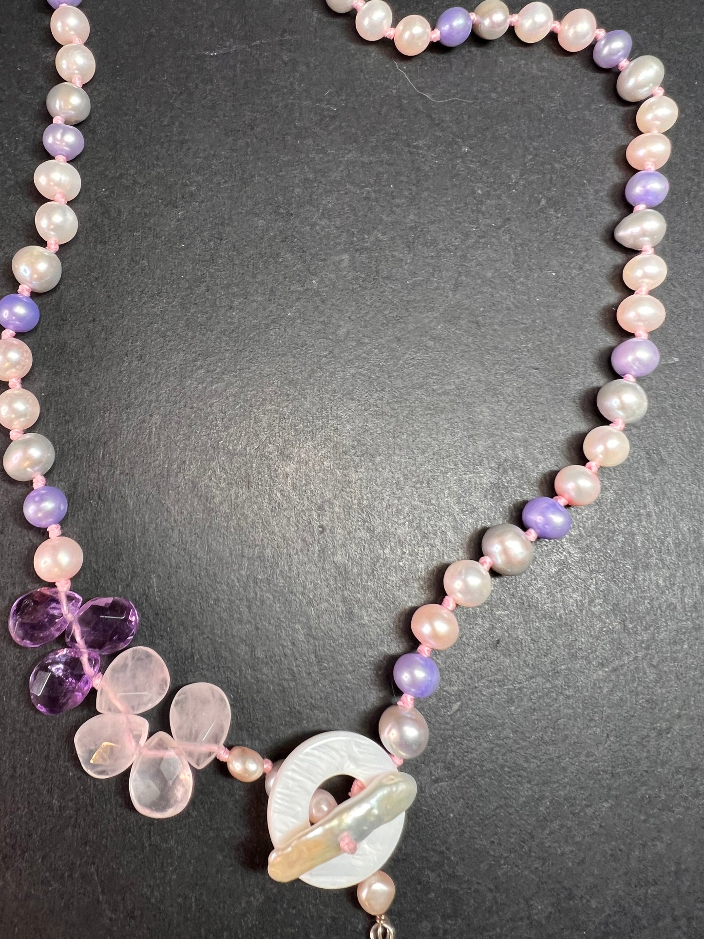 NEW multi color freshwater pearl, rose quartz and amethyst necklace