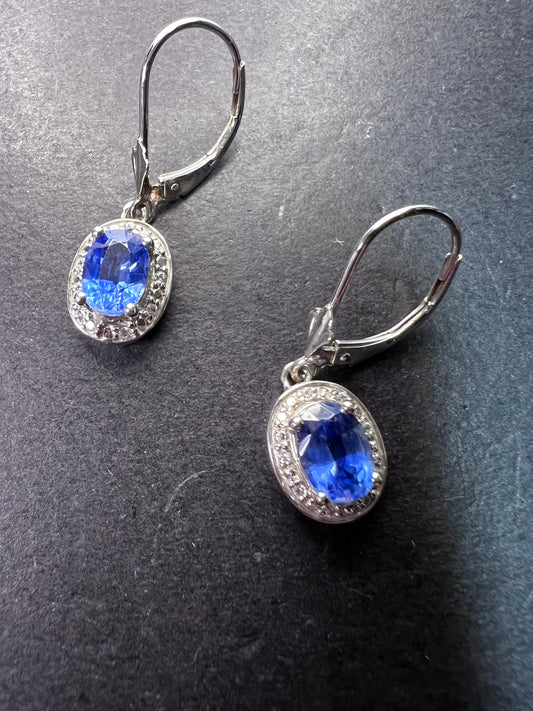 Blue kyanite sterling silver  lever back halo earrings