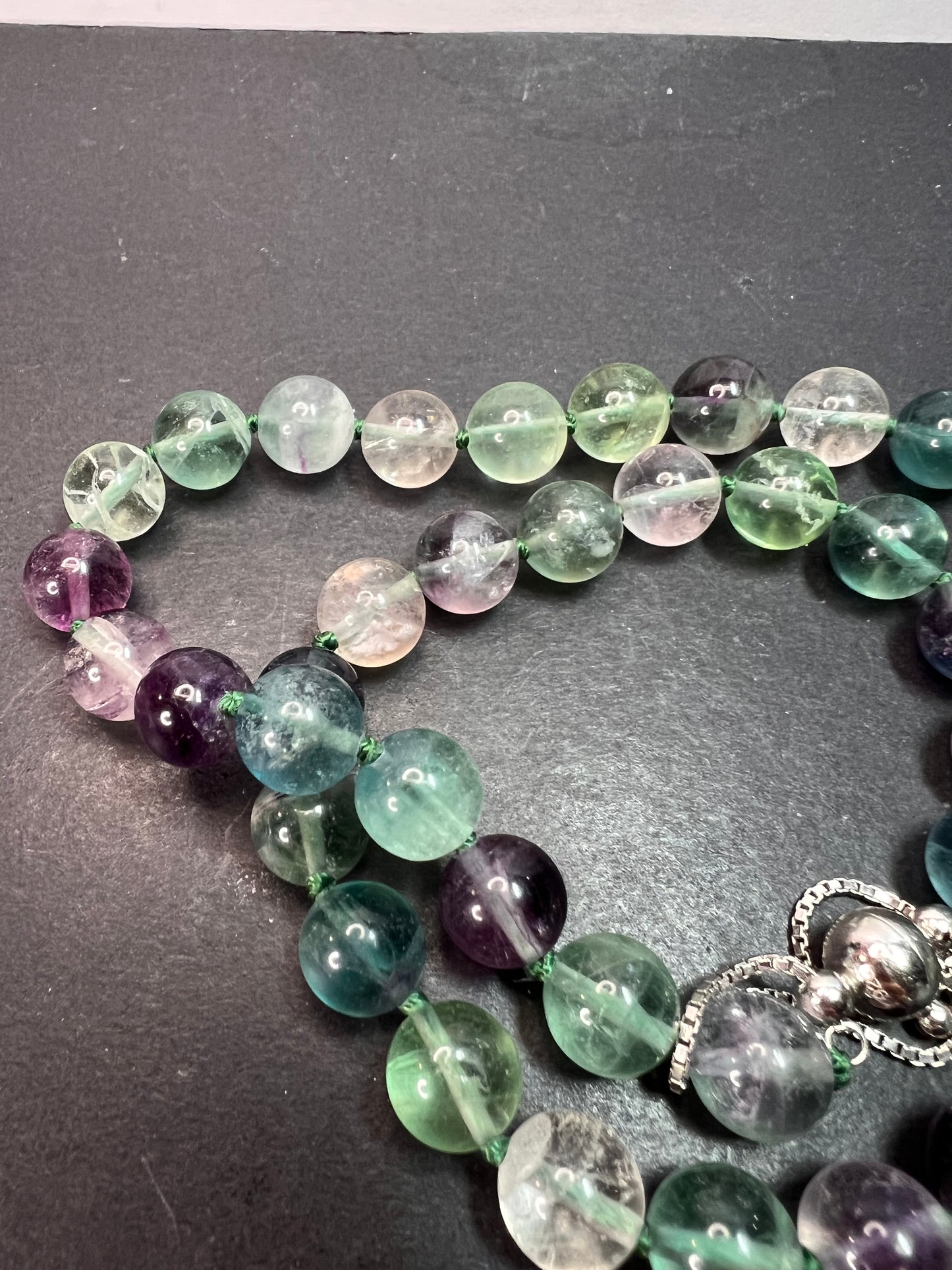 NEW Fluorite knotted beaded bolo necklace with sterling silver magnetic clasp