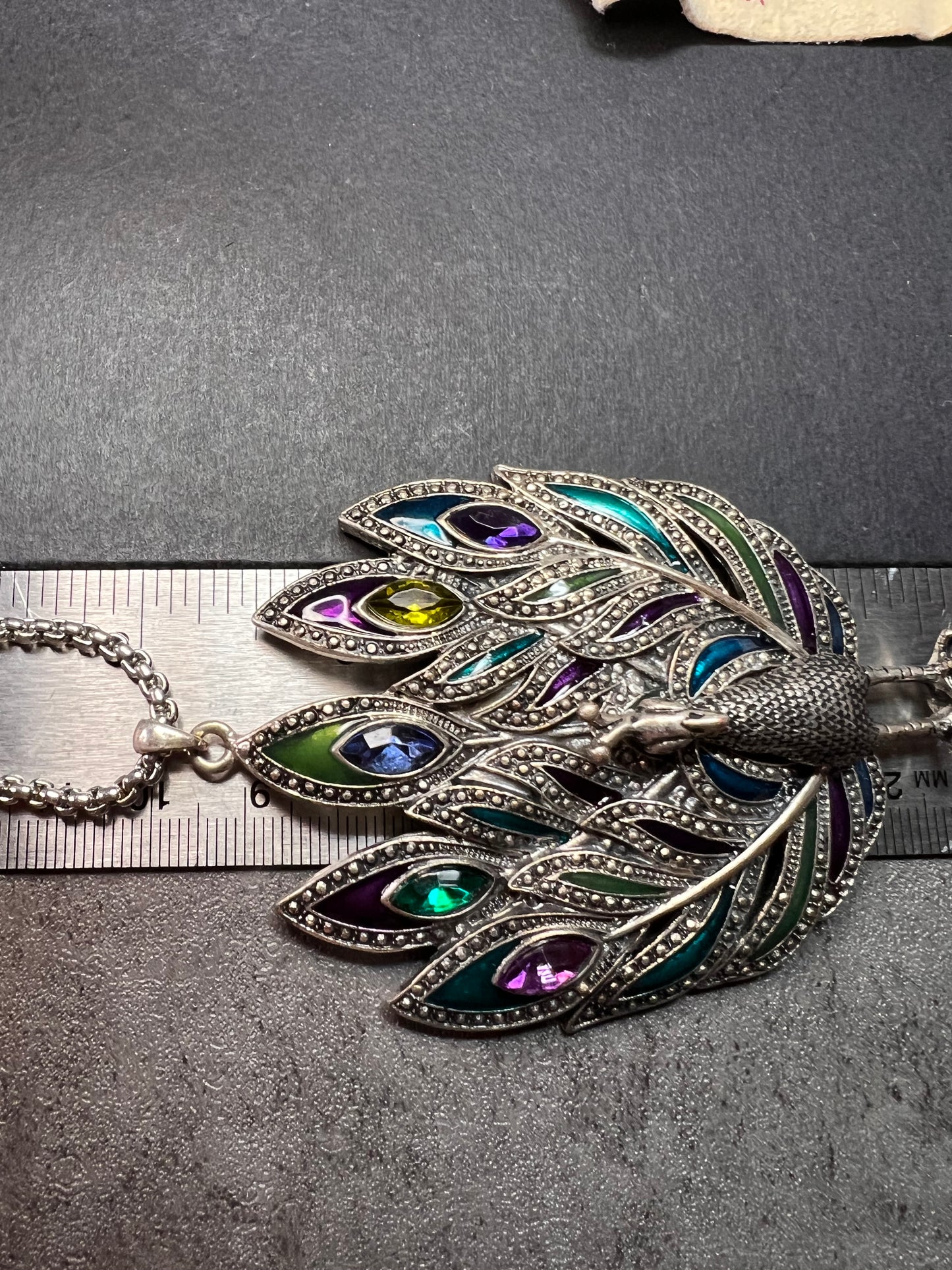 Vintage enameled and jeweled peacock pendant costume jewelry necklace