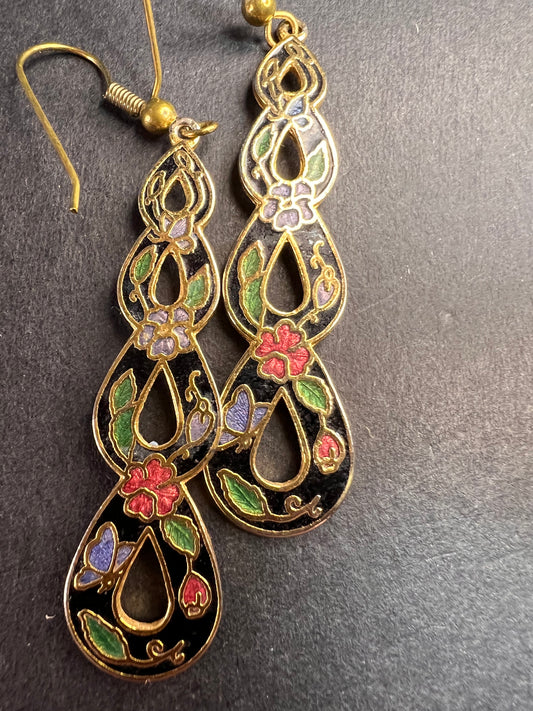 Vintage cloisonné butterfly garden dangling earrings