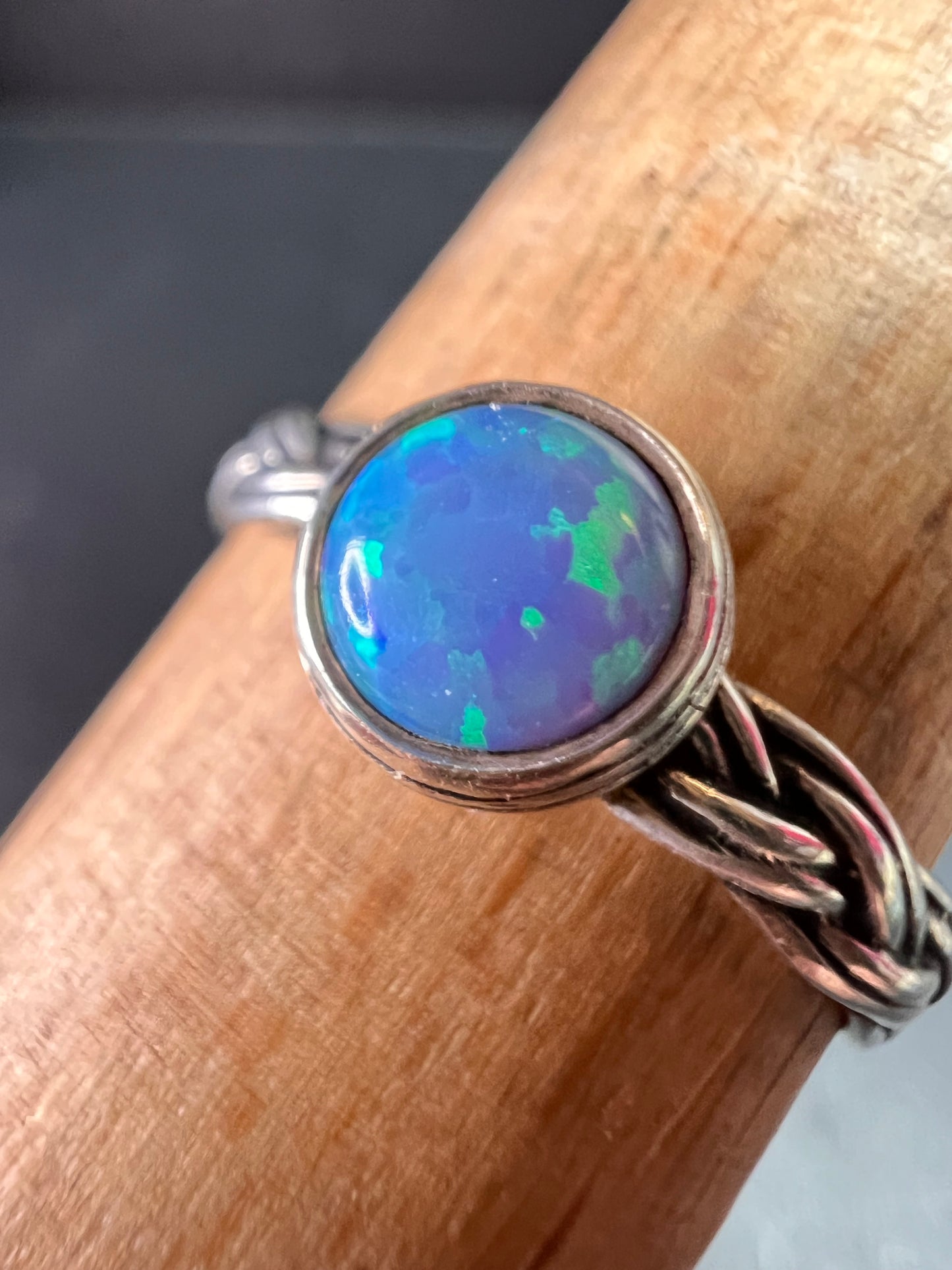 Sterling Silver Braided Band Ring with Lab Opal – Size 9