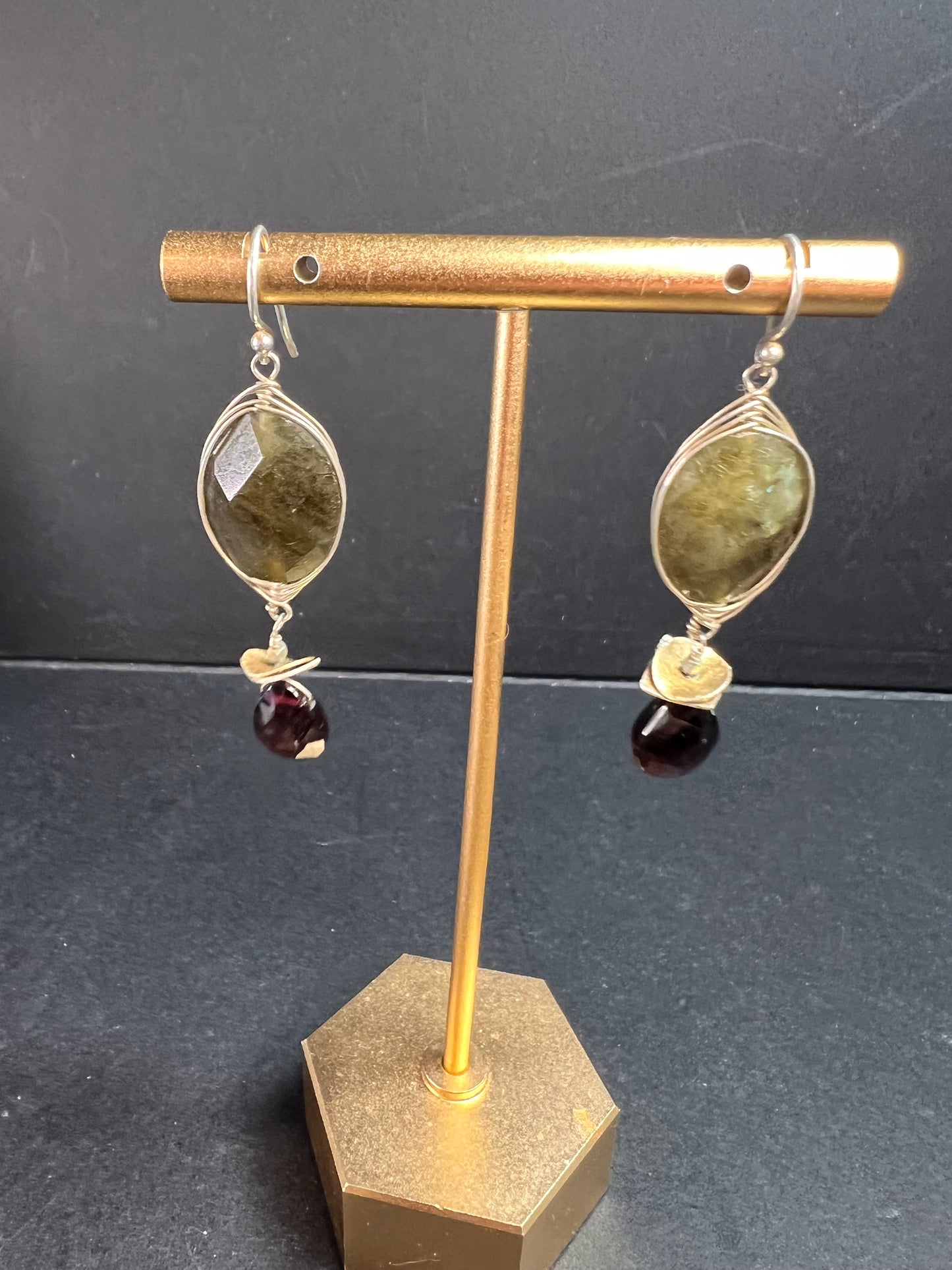 Labradorite and rhodolite garnet sterling silver dangle earrings