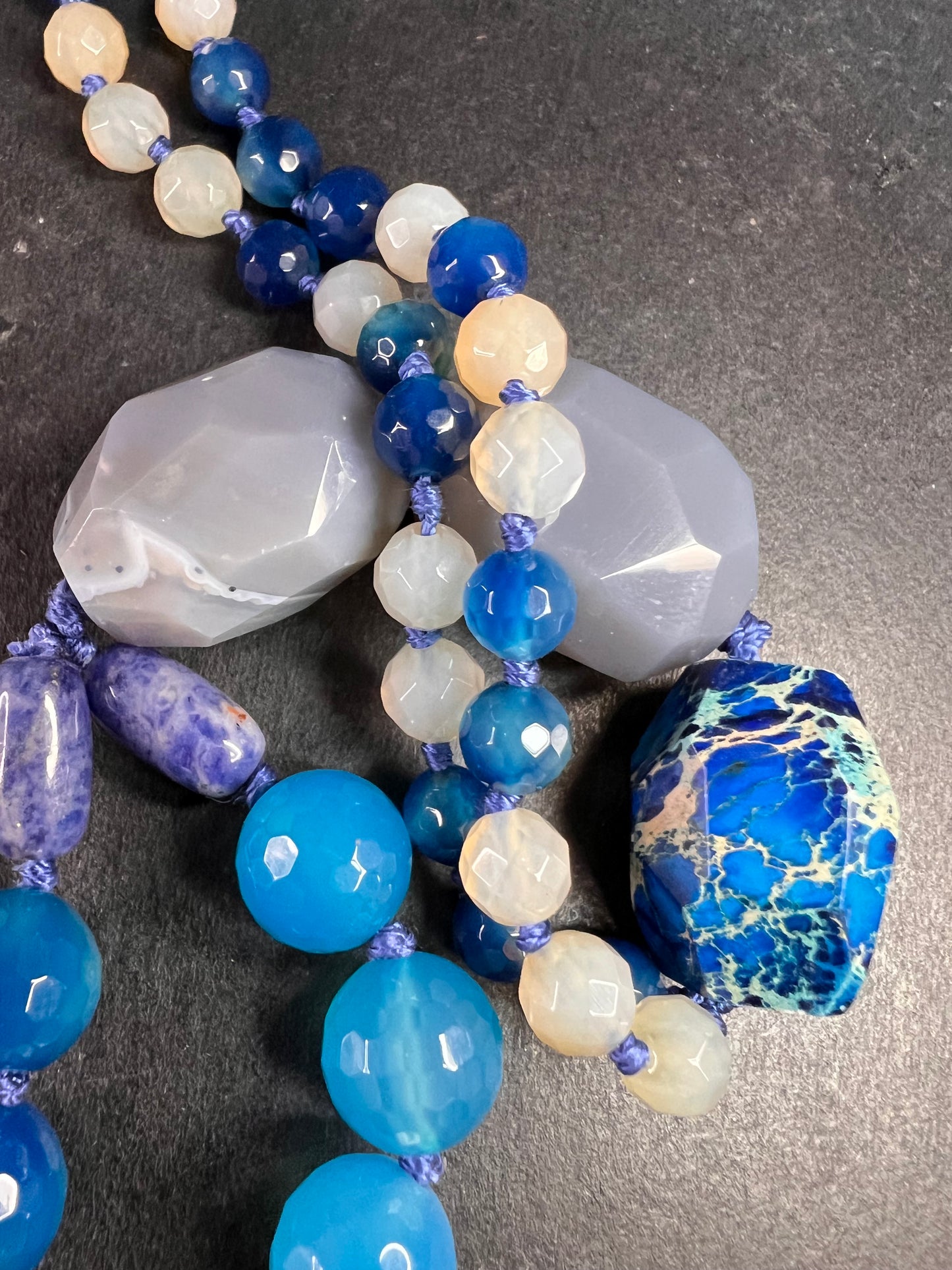 NEW multi blue semi precious stone station 36 inch necklace with sterling silver clasp