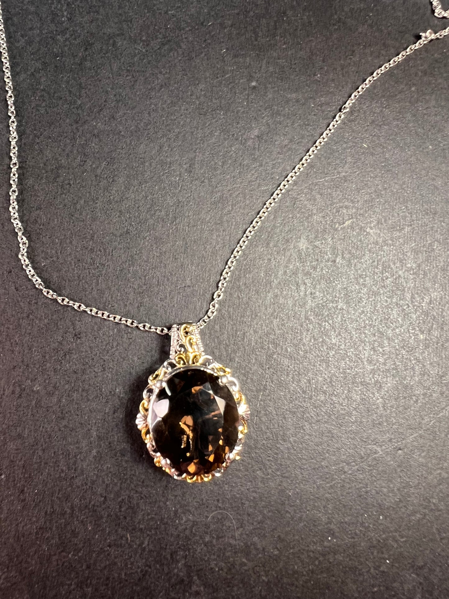 NEW Smoky Quartz pendant necklace in platinum and YG over brass and stainless steel 20 inches