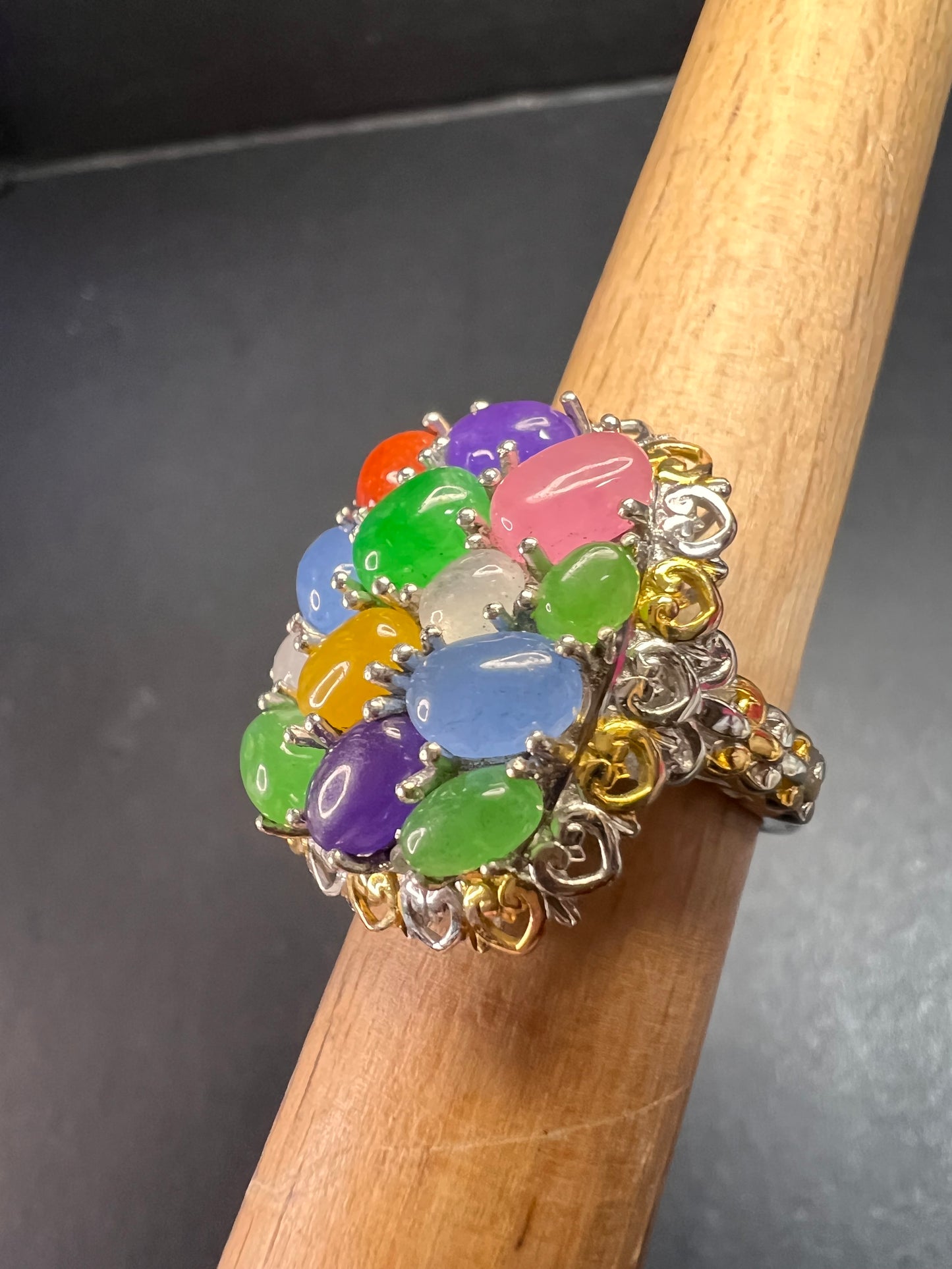 NEW rainbow harmony jade ring in vermeil and rhodium over sterling silver size 5